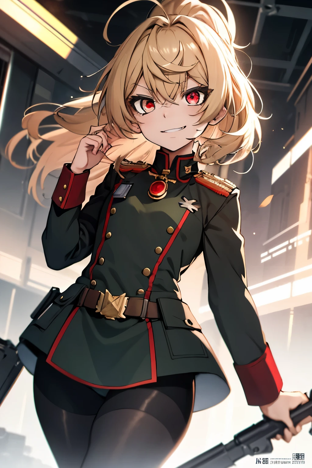 (masterpiece, best quality: 1.1), 1girl solo, tanya, 1girl, solo, , flat chest, small breasts, curvy, military, military uniform, ,, evil smile, wicked expression, anger, red eyes, neutral lighting