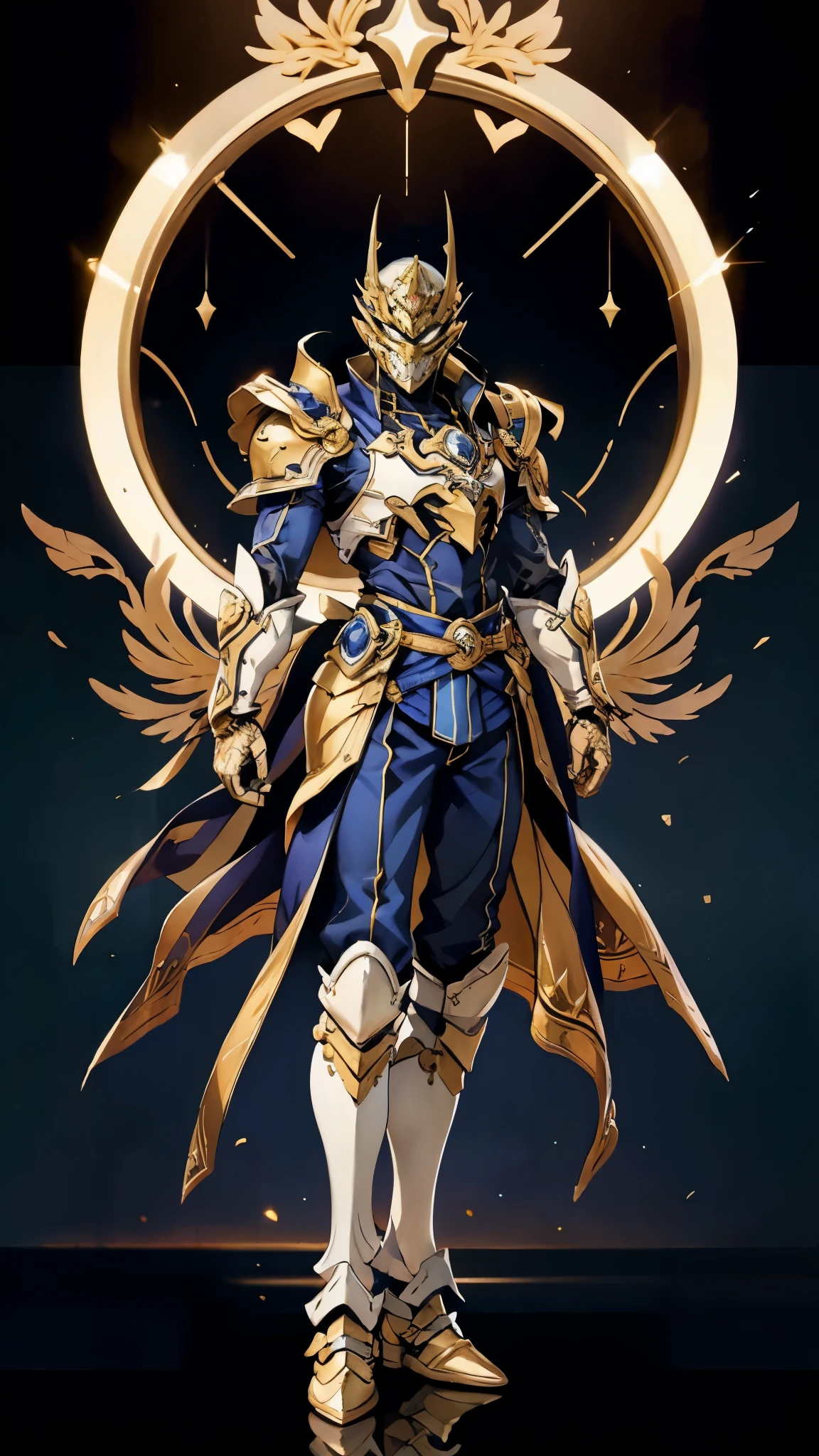 A man with short golden hair slicked back, his face entirely obscured by a Dynastinae concept mask, full mask, cold gaze, clad in an indigo blue fantasy-style Dynastinae concept chest plate, his arms and legs are clad in matching armor, he wears a white undershirt and trousers with golden stripes, standing within a magnificent fantasy-style palace, this character embodies a finely crafted fantasy-style masked light armor warrior in anime style, exquisite and mature manga art style, high definition, best quality, highres, ultra-detailed, ultra-fine painting, extremely delicate, professional, perfect body proportions, golden ratio, anatomically correct, symmetrical face, extremely detailed eyes and face, high quality eyes, creativity, RAW photo, UHD, 32k, Natural light, cinematic lighting, masterpiece-anatomy-perfect, masterpiece:1.5