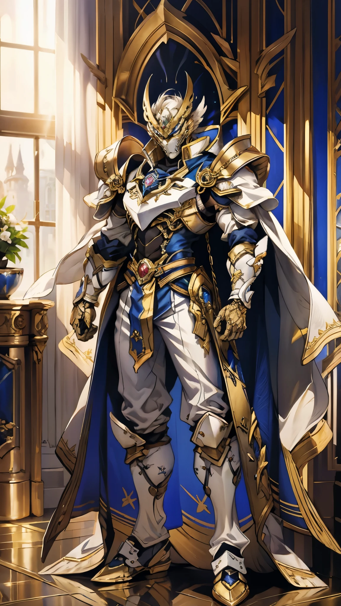 A man with short golden hair slicked back, his face entirely obscured by a Dynastinae concept mask, full mask, cold gaze, clad in an indigo blue fantasy-style Dynastinae concept chest plate, his arms and legs are clad in matching armor, he wears a white undershirt and trousers with golden stripes, standing within a magnificent fantasy-style palace, this character embodies a finely crafted fantasy-style masked light armor warrior in anime style, exquisite and mature manga art style, high definition, best quality, highres, ultra-detailed, ultra-fine painting, extremely delicate, professional, perfect body proportions, golden ratio, anatomically correct, symmetrical face, extremely detailed eyes and face, high quality eyes, creativity, RAW photo, UHD, 32k, Natural light, cinematic lighting, masterpiece-anatomy-perfect, masterpiece:1.5