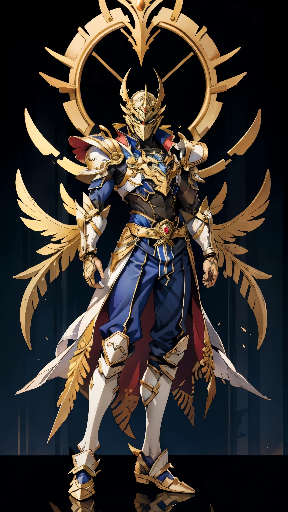 A man with short golden hair slicked back, his face entirely obscured by a Dynastinae concept mask, full mask, cold gaze, clad in an indigo blue fantasy-style Dynastinae concept chest plate, his arms and legs are clad in matching armor, he wears a white undershirt and trousers with golden stripes, standing within a magnificent fantasy-style palace, this character embodies a finely crafted fantasy-style masked light armor warrior in anime style, exquisite and mature manga art style, high definition, best quality, highres, ultra-detailed, ultra-fine painting, extremely delicate, professional, perfect body proportions, golden ratio, anatomically correct, symmetrical face, extremely detailed eyes and face, high quality eyes, creativity, RAW photo, UHD, 32k, Natural light, cinematic lighting, masterpiece-anatomy-perfect, masterpiece:1.5