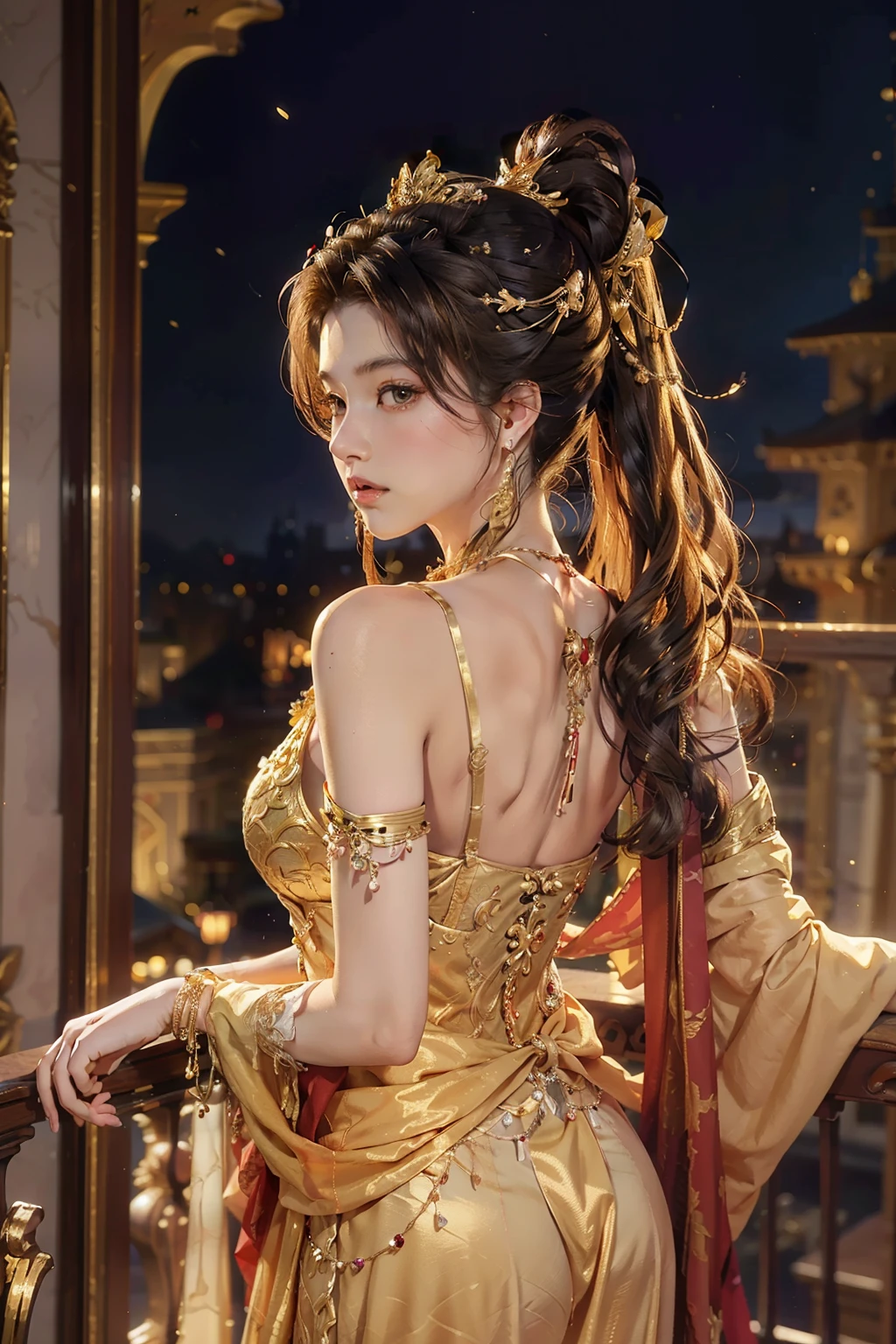 ((best quality)), ((masterpiece)), (detailed), perfect face, pretty face, beautiful female, beautiful body, teenager female, expensive dress, gold dress, party dress, royal dress, golden crown, golden accessories, royal mistress, angle from behind, ponytail, straight hair, perfect body, blushing, on the balcony of the imperial castle, ultra detailed background