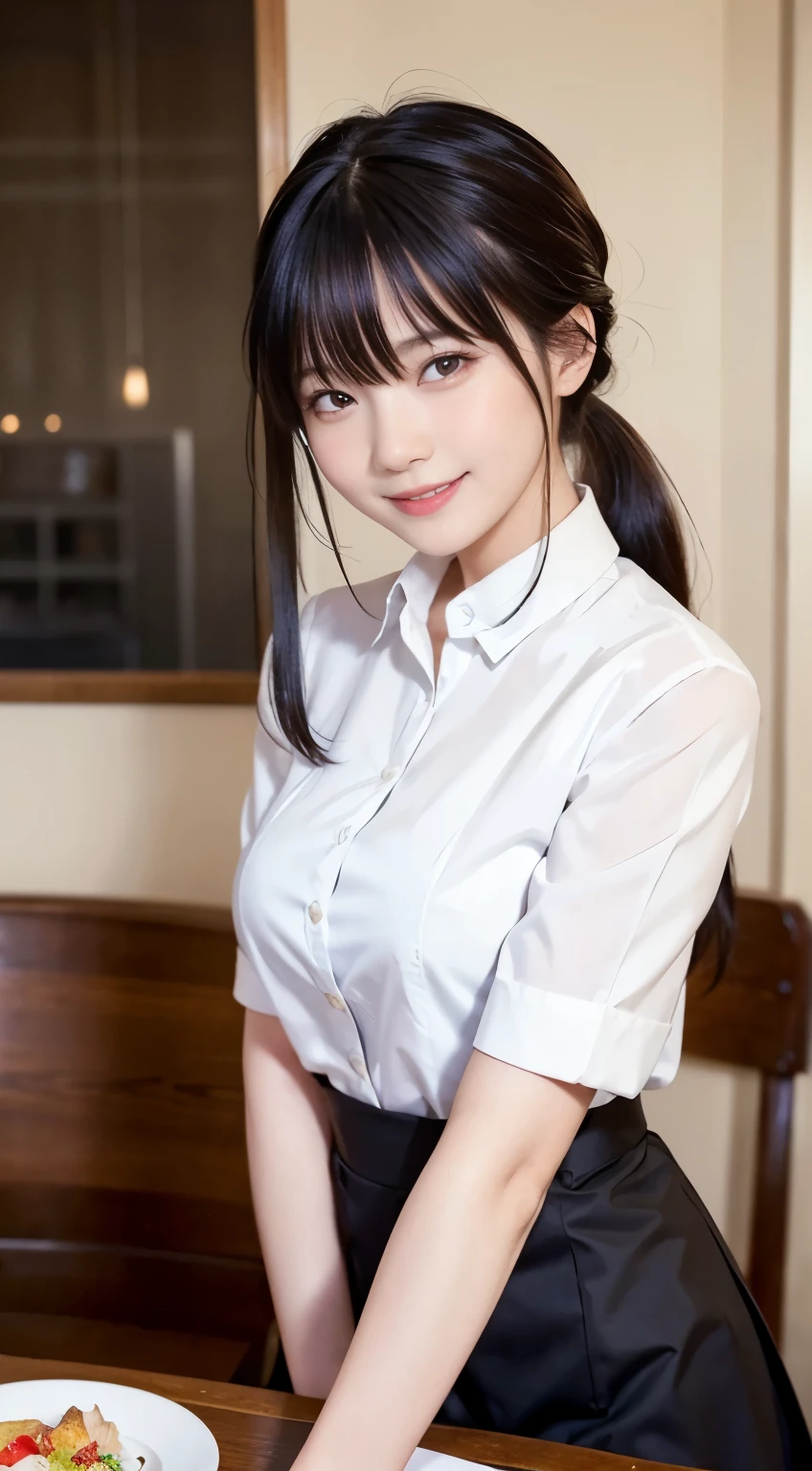 ((highest quality)) ((masterpiece)) (detailed) Perfect Face Pulling up hair garden ((White blouse)) skirt smile Hoshino Ai