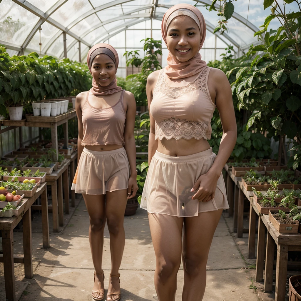 Realistic photo depicting 1 Indonesian woman in hijab, villager, poor woman, 18 years old, wearing peach color hijab jilbab, wearing see-through peach color lace tank top, wearing very short see-through peach color lace skirt, smiling, dark skin, curvy body, short body, standing alone in vegetable greenhouse, upskirting to show the panties, facing the camera, making it very realistic and detail
