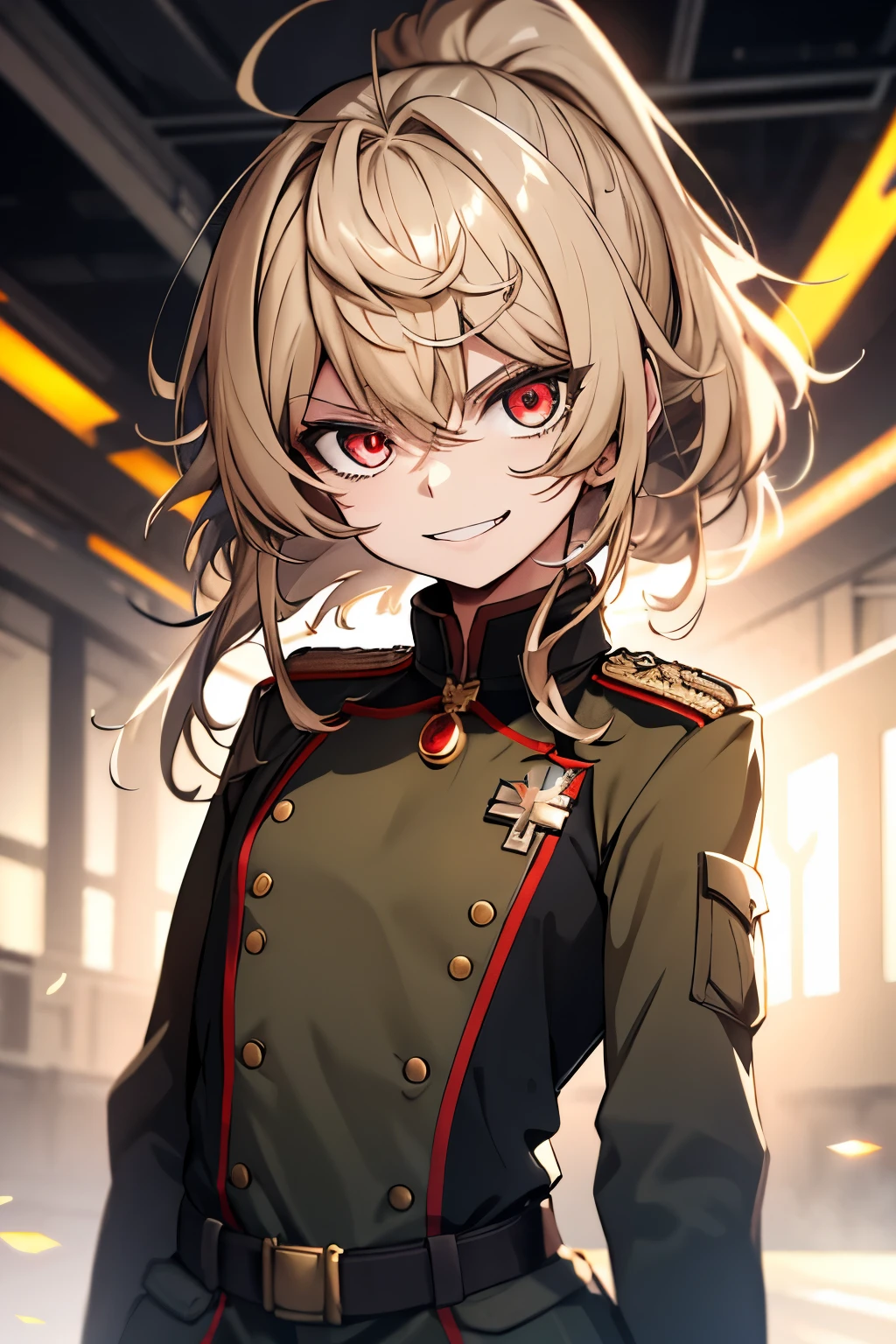 (masterpiece, best quality: 1.1), 1girl solo, tanya, 1girl, solo, , flat chest, small breasts, curvy, military, military uniform, ,, evil smile, wicked expression, anger, red eyes, neutral lighting