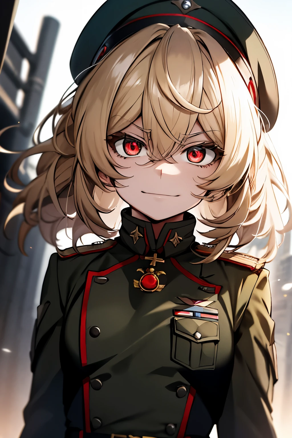 (masterpiece, best quality: 1.1), 1girl solo, tanya, 1girl, solo, , flat chest, small breasts, curvy, military, military uniform, ,, evil smile, wicked expression, anger, red eyes, neutral lighting