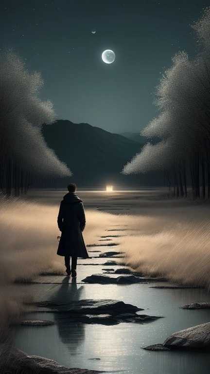 To create a Wensheng picture inspired by the poem "Los amorosos callan" by Jaime Sabines, you could depict a poetic landscape that captures the essence of the love and longing described in the poem. Here's an idea of how you could visualize this poem in a drawing:
### Concept of the Drawing:
- **Nighttime and Solitude Scene:** Represents a night landscape with elements symbolizing loneliness and the quest for love. You could include a solitary figure walking in the darkness.
### Elements to Include:
1. **Moon and Shattered Heart:** Draw a heart shattering under the light of the moon