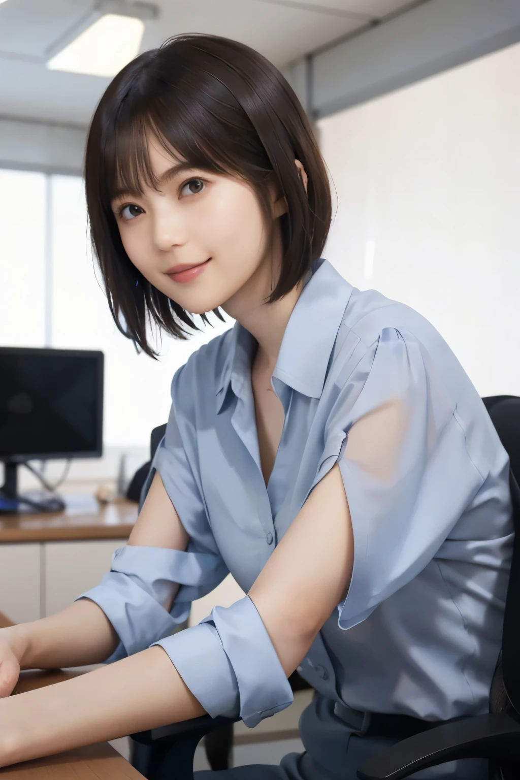 204 Women, gentle smile,  short hair, Top and bottom work clothes, Futuristic Command Room