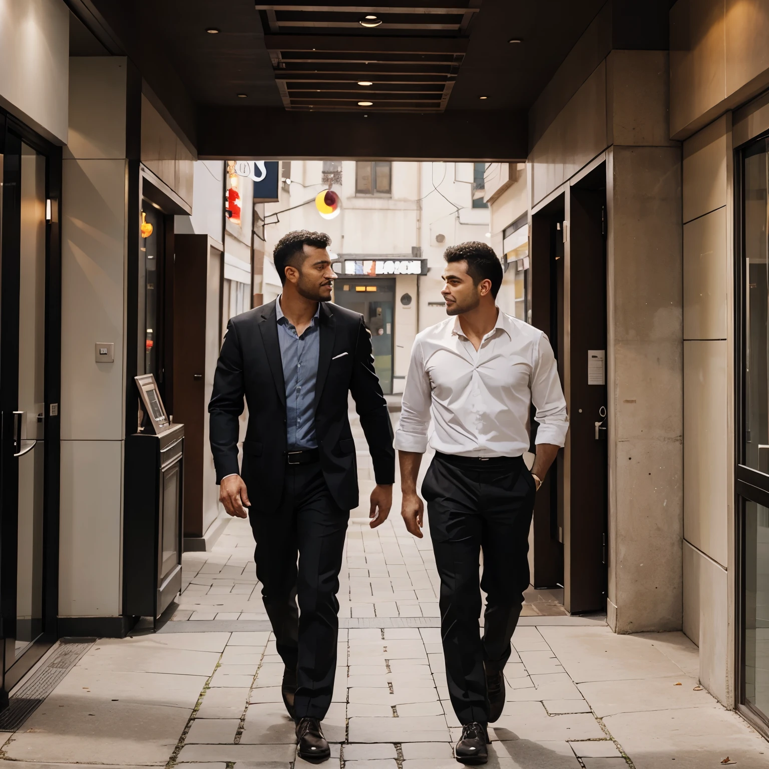 Two late men walking towards the entrance of a restaurant