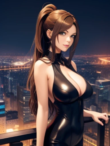 masterpiece、Beautiful woman with long hair、tied one's hair together、 sleeveless sexy bodysuit、sexy pants 、A city illuminated , gigantic breast , clevage