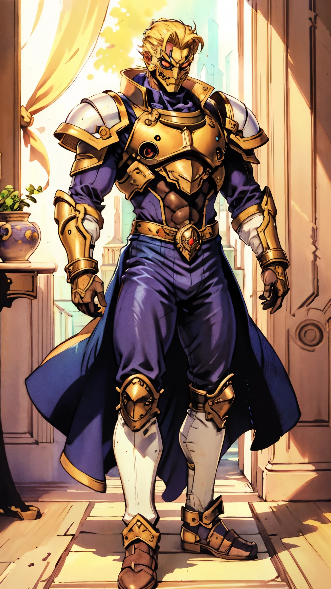 A man with short golden hair slicked back, his face entirely obscured by a Dynastinae concept mask, full mask, cold gaze, clad in an indigo blue fantasy-style Dynastinae concept chest plate, his arms and legs are clad in matching armor, he wears a white undershirt and trousers with golden stripes, standing within a magnificent fantasy-style palace, this character embodies a finely crafted fantasy-style masked light armor warrior in anime style, exquisite and mature manga art style, high definition, best quality, highres, ultra-detailed, ultra-fine painting, extremely delicate, professional, perfect body proportions, golden ratio, anatomically correct, symmetrical face, extremely detailed eyes and face, high quality eyes, creativity, RAW photo, UHD, 32k, Natural light, cinematic lighting, masterpiece-anatomy-perfect, masterpiece:1.5