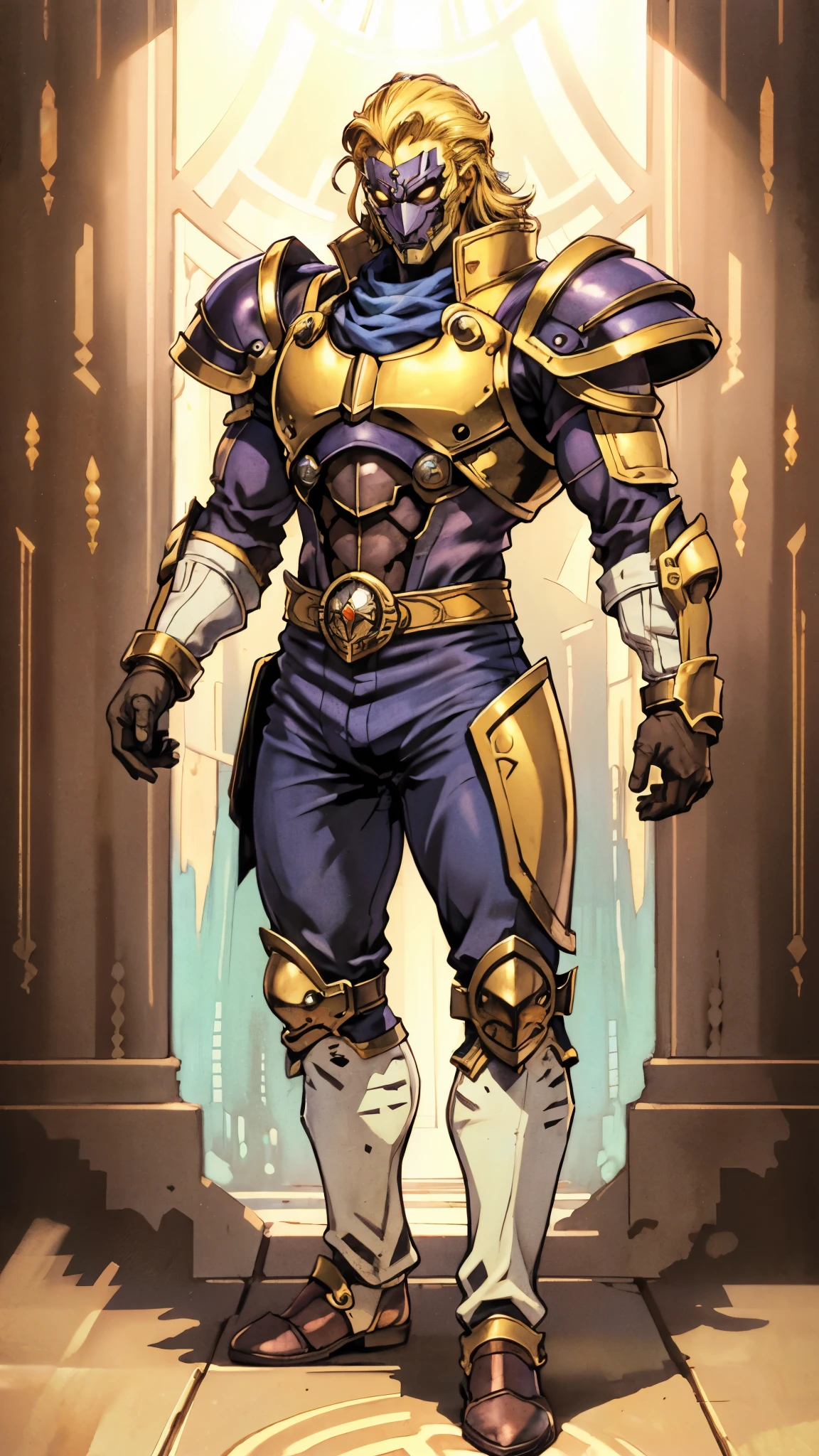 A man with short golden hair slicked back, his face entirely obscured by a Dynastinae concept mask, full mask, cold gaze, clad in an indigo blue fantasy-style Dynastinae concept chest plate, his arms and legs are clad in matching armor, he wears a white undershirt and trousers with golden stripes, standing within a magnificent fantasy-style palace, this character embodies a finely crafted fantasy-style masked light armor warrior in anime style, exquisite and mature manga art style, high definition, best quality, highres, ultra-detailed, ultra-fine painting, extremely delicate, professional, perfect body proportions, golden ratio, anatomically correct, symmetrical face, extremely detailed eyes and face, high quality eyes, creativity, RAW photo, UHD, 32k, Natural light, cinematic lighting, masterpiece-anatomy-perfect, masterpiece:1.5