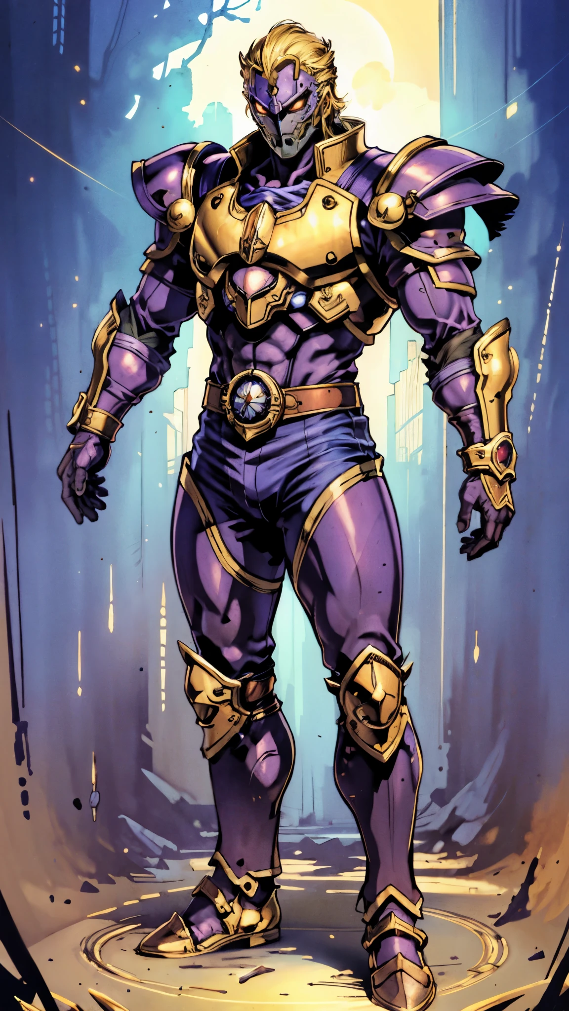 A man with short golden hair slicked back, his face entirely obscured by a Dynastinae concept mask, full mask, cold gaze, clad in an indigo blue fantasy-style Dynastinae concept chest plate, his arms and legs are clad in matching armor, he wears a white undershirt and trousers with golden stripes, standing within a magnificent fantasy-style palace, this character embodies a finely crafted fantasy-style masked light armor warrior in anime style, exquisite and mature manga art style, high definition, best quality, highres, ultra-detailed, ultra-fine painting, extremely delicate, professional, perfect body proportions, golden ratio, anatomically correct, symmetrical face, extremely detailed eyes and face, high quality eyes, creativity, RAW photo, UHD, 32k, Natural light, cinematic lighting, masterpiece-anatomy-perfect, masterpiece:1.5