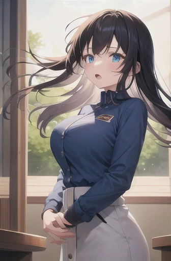 disorganized, High resolution, highest quality, 扇Wind機, 1 girl, seiza, oversized clothes, blue eyes, Wind, Wind lift, black hair, long hair, open your mouth, indoors, Sweat, big breasts, uniform, floating hair, dull bangs