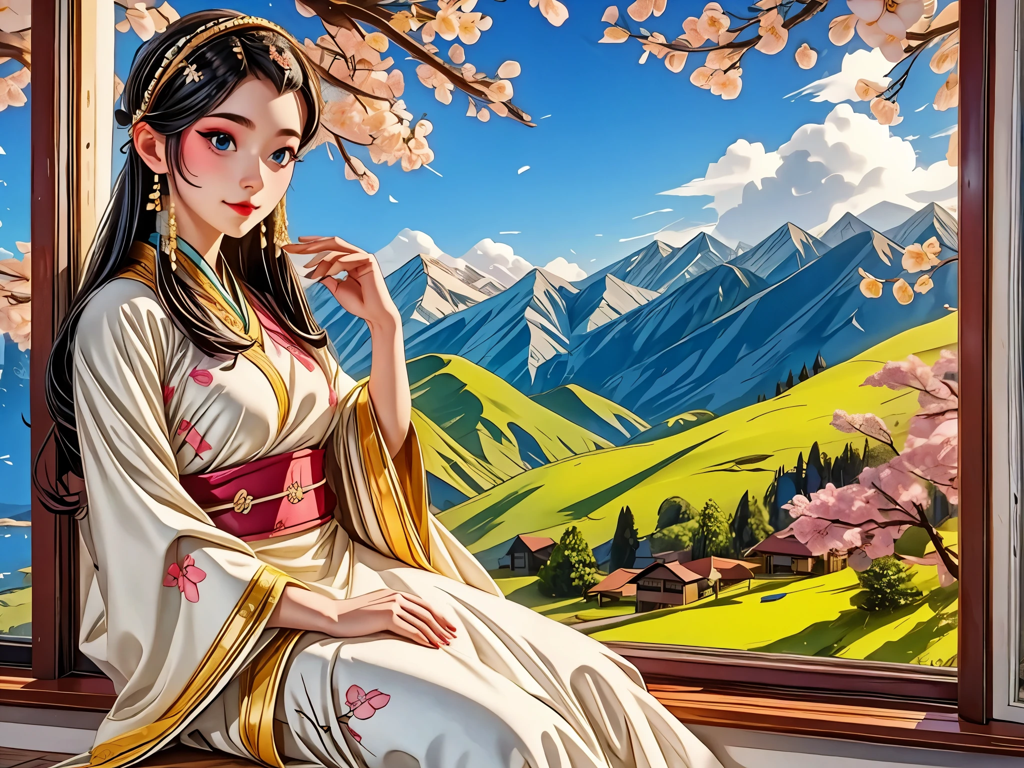 From the window of the mountain hut, you can see the lush green mountains and cherry blossoms in full bloom, the blue sky, white clouds, and the refreshing spring breeze coming into the room and shaking the curtains. A girl sitting and viewing cherry blossoms
