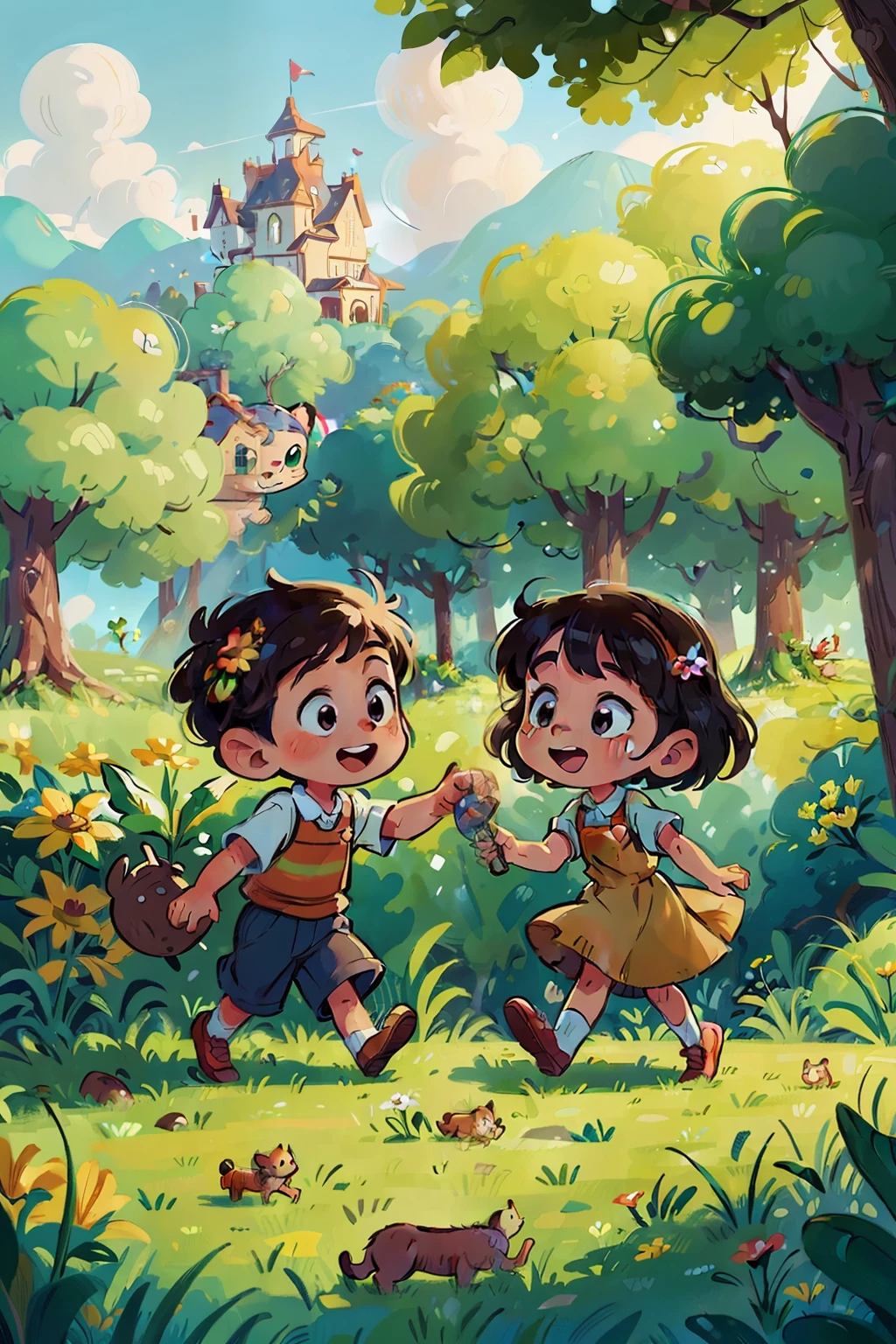 (((Masterpiece))) depicting a charming disney-style cartoon featuring two adorable children frolicking in the untamed wilderness. The artwork showcases meticulous attention to detail and impeccable quality, with vibrant colors and lively expressions. The characters are rendered in a playful and imaginative style, capturing the essence of childhood innocence. Each  is portrayed with distinct personalities and endearing features, their joyful energy palpable through the artwork. The scene encompasses a panoramic view, showcasing the vastness of nature and the children's boundless exploration. The whimsical setting is filled with enchanting flora and fauna, transporting viewers to a world of wonder and adventure. The cartoonist skillfully captures the essence of the Disney aesthetic, infusing the artwork with a touch of nostalgia and timeless charm