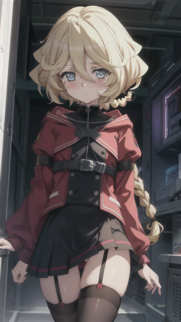 Carol Gear, 1 girl, butt, blue eyes, blush, Braid, Braided ponytail, closed mouth, clothing clippings, electricity, garter strap, have, long hair, looking at the viewer, microskirt, mole, mole under eye, rib, shiny skin, side cutout, Sideless outfit, skirt, alone, thighhighsscore_9, score_8_superior, score_7_superior, score_6_superior, score_5_superior, score_4_superior, Break Source_anime, masterpiece