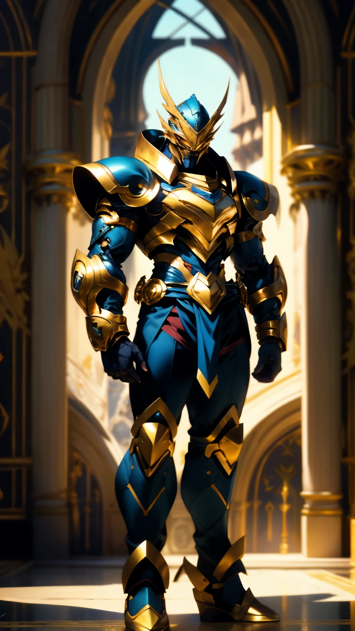 A man with short golden hair slicked back, his face entirely obscured by a Dynastinae concept mask, full mask, cold gaze, clad in an indigo blue fantasy-style Dynastinae concept chest plate, his arms and legs are clad in matching armor, he wears a white undershirt and trousers with golden stripes, standing within a magnificent fantasy-style palace, this character embodies a finely crafted fantasy-style masked light armor warrior in anime style, exquisite and mature manga art style, high definition, best quality, highres, ultra-detailed, ultra-fine painting, extremely delicate, professional, perfect body proportions, golden ratio, anatomically correct, symmetrical face, extremely detailed eyes and face, high quality eyes, creativity, RAW photo, UHD, 32k, Natural light, cinematic lighting, masterpiece-anatomy-perfect, masterpiece:1.5