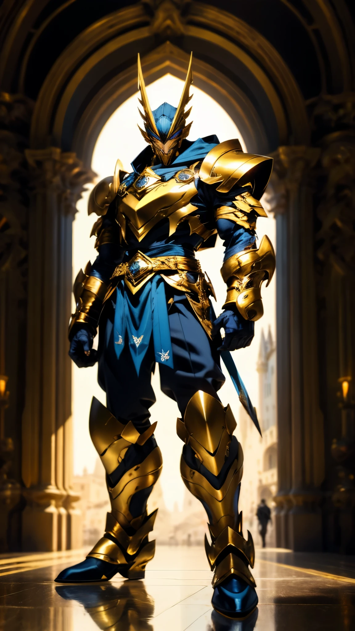 A man with short golden hair slicked back, his face entirely obscured by a Dynastinae concept mask, full mask, cold gaze, clad in an indigo blue fantasy-style Dynastinae concept chest plate, his arms and legs are clad in matching armor, he wears a white undershirt and trousers with golden stripes, standing within a magnificent fantasy-style palace, this character embodies a finely crafted fantasy-style masked light armor warrior in anime style, exquisite and mature manga art style, high definition, best quality, highres, ultra-detailed, ultra-fine painting, extremely delicate, professional, perfect body proportions, golden ratio, anatomically correct, symmetrical face, extremely detailed eyes and face, high quality eyes, creativity, RAW photo, UHD, 32k, Natural light, cinematic lighting, masterpiece-anatomy-perfect, masterpiece:1.5