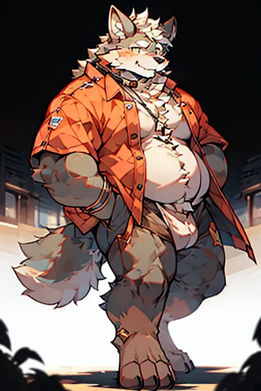 Anthropomorphic wolf,werewolf,man,large body, father, musclegut, vast pecs,Thick shoulders,Developed limbs,Naked upper body,Thigh-to-foot unobstructed,Huge crotch bulge,Cortical arm ring,Cortical collar, facing to audience,From the side,Limbs with belts wrapped around,hd,high detail,masterpiece,Full body photo