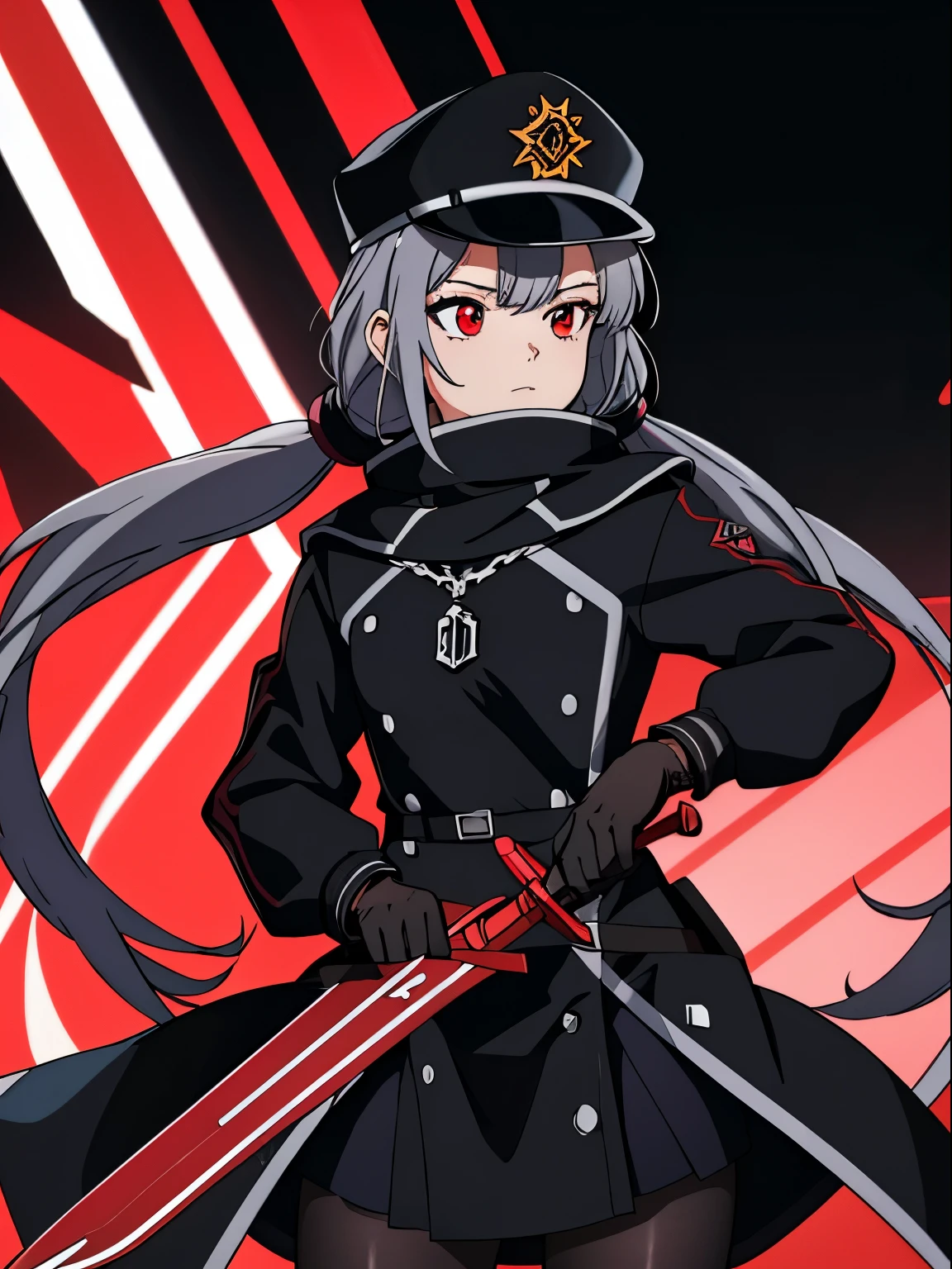 cyber background、(​masterpiece、top-quality:1.2)、((facing front:1.2))、With bangs、 young woman、((The upper part of the body:1.2))、Promotional Art、offcial art、silber hair、Red Eye、Longhaire、low twintails、Wearing a black military cap、Black military uniform、Black coat、Black Gloves、Long Muffler、Black tights、Holding the Red Sword