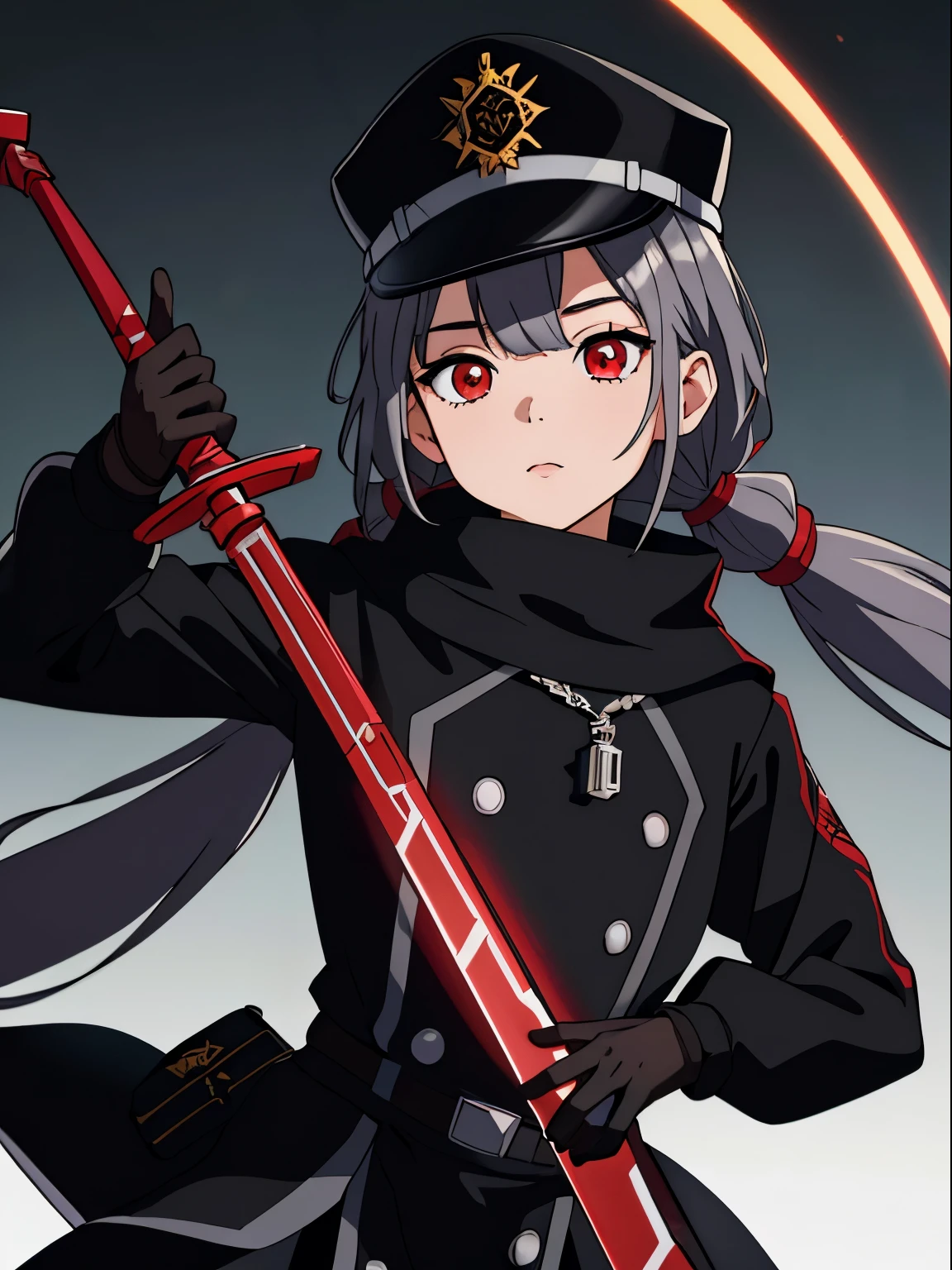 cyber background、(​masterpiece、top-quality:1.2)、((facing front:1.2))、With bangs、 young woman、((The upper part of the body:1.2))、Promotional Art、offcial art、silber hair、Red Eye、Longhaire、low twintails、Wearing a black military cap、Black military uniform、Black coat、Black Gloves、Long Muffler、Black tights、Holding the Red Sword