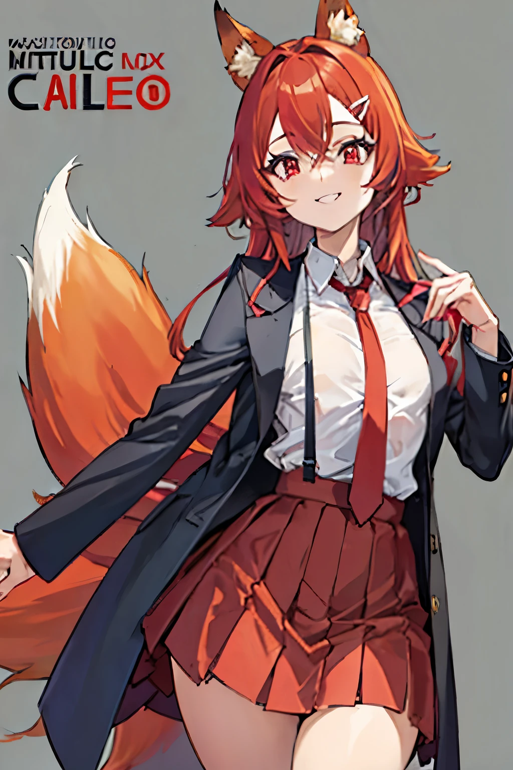 Firefox-Skollie, red eyes, fox girl, multiple tails, multicolored hair, 1girl, hairclip, solo, light smile, small breasts, looking at viewer,
, pleated skirt, necktie, open jacket, magazine cover, simple background,
(masterpiece:1.1), (best quality:1.1), (ultra-detailed:1.1), (illustration:1.1),
