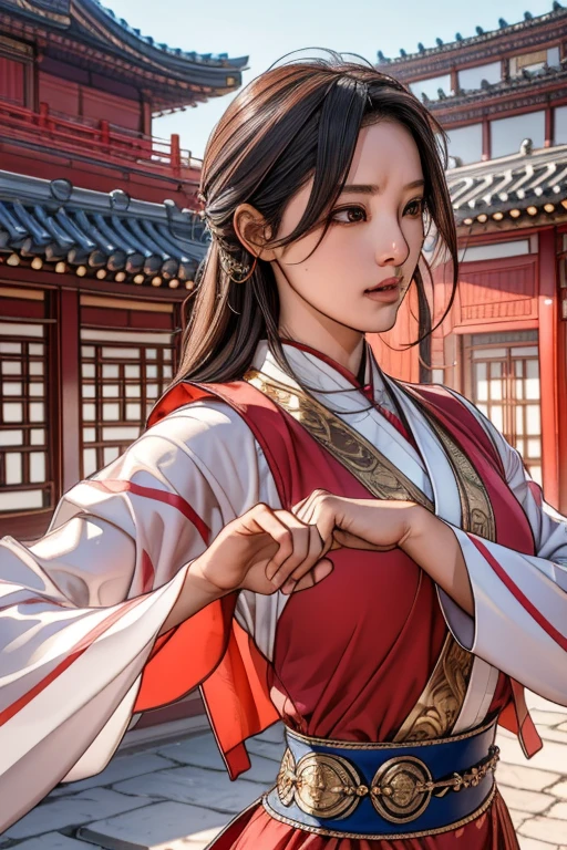 (best quality,4k,8k,highres,masterpiece:1.2),ultra-detailed,(realistic,photorealistic,photo-realistic:1.37),dark atmosphere,traditional Chinese martial arts,female master,long-haired,traditional Chinese costume,clenching fists with determination,showcasing the form of martial arts,dynamic posing,sword dance arena,gathering of martial artists,-focused and intense expressions,enduring physical training,strong and sculpted bodies,swift and precise movements,ancient Chinese architecture,elaborately carved pillars and roofs,soft and warm lighting,vibrant red and gold color scheme,clouds of incense filling the air,multiple layers of flowing silk,sense of anticipation and energy in the air,audience watching in awe and admiration,tranquil yet powerful presence of the female master,surrounded by a subtle aura of mystique,cherished heritage and deep-rooted tradition,proudly representing the essence of Chinese culture.