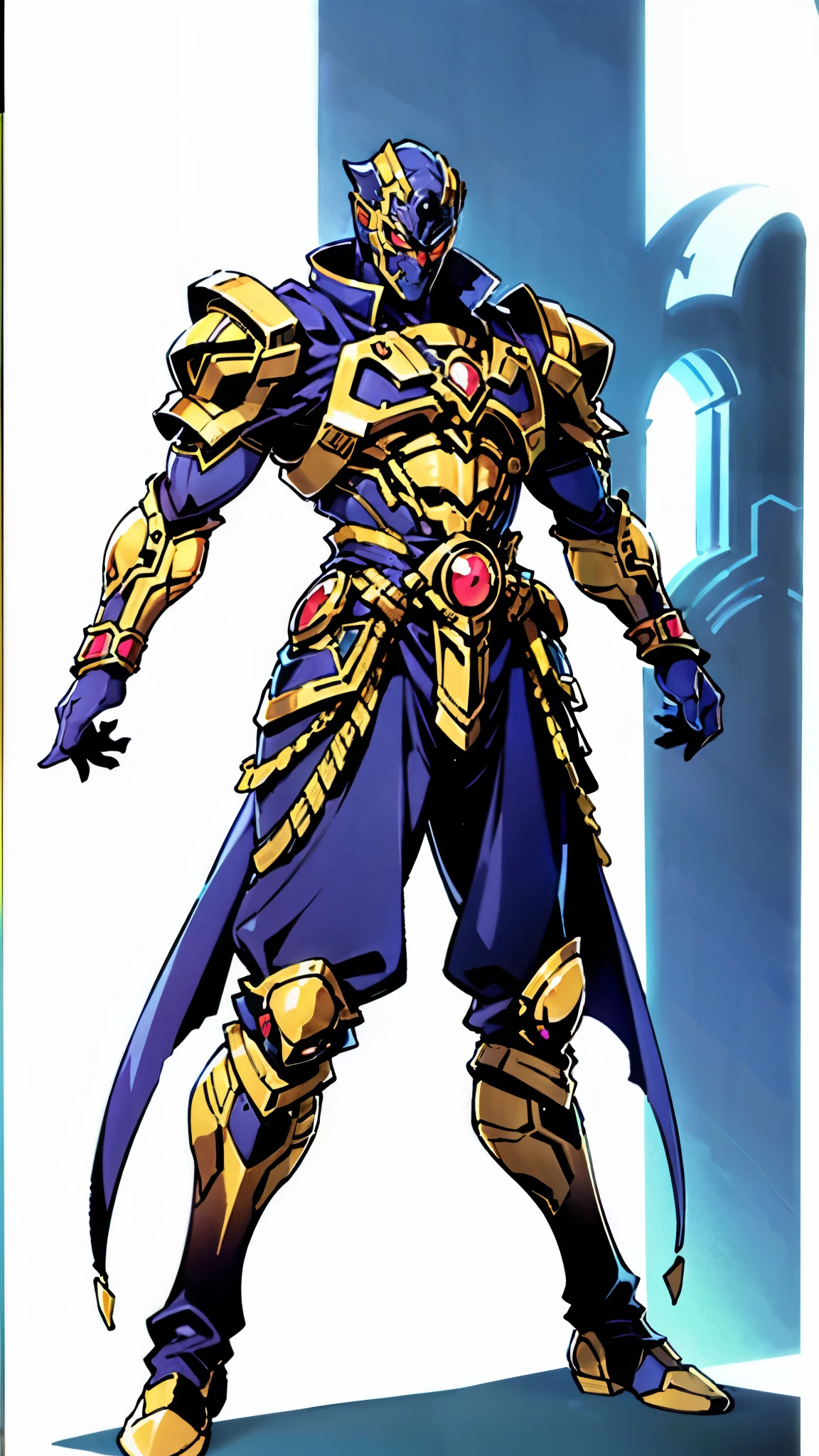 A man with short golden hair slicked back, his face entirely obscured by a Dynastinae concept mask, full mask, cold gaze, clad in an indigo blue fantasy-style Dynastinae concept chest plate, his arms and legs are clad in matching armor, he wears a white undershirt and trousers with golden stripes, standing within a magnificent fantasy-style palace, this character embodies a finely crafted fantasy-style masked light armor warrior in anime style, exquisite and mature manga art style, high definition, best quality, highres, ultra-detailed, ultra-fine painting, extremely delicate, professional, perfect body proportions, golden ratio, anatomically correct, symmetrical face, extremely detailed eyes and face, high quality eyes, creativity, RAW photo, UHD, 32k, Natural light, cinematic lighting, masterpiece-anatomy-perfect, masterpiece:1.5