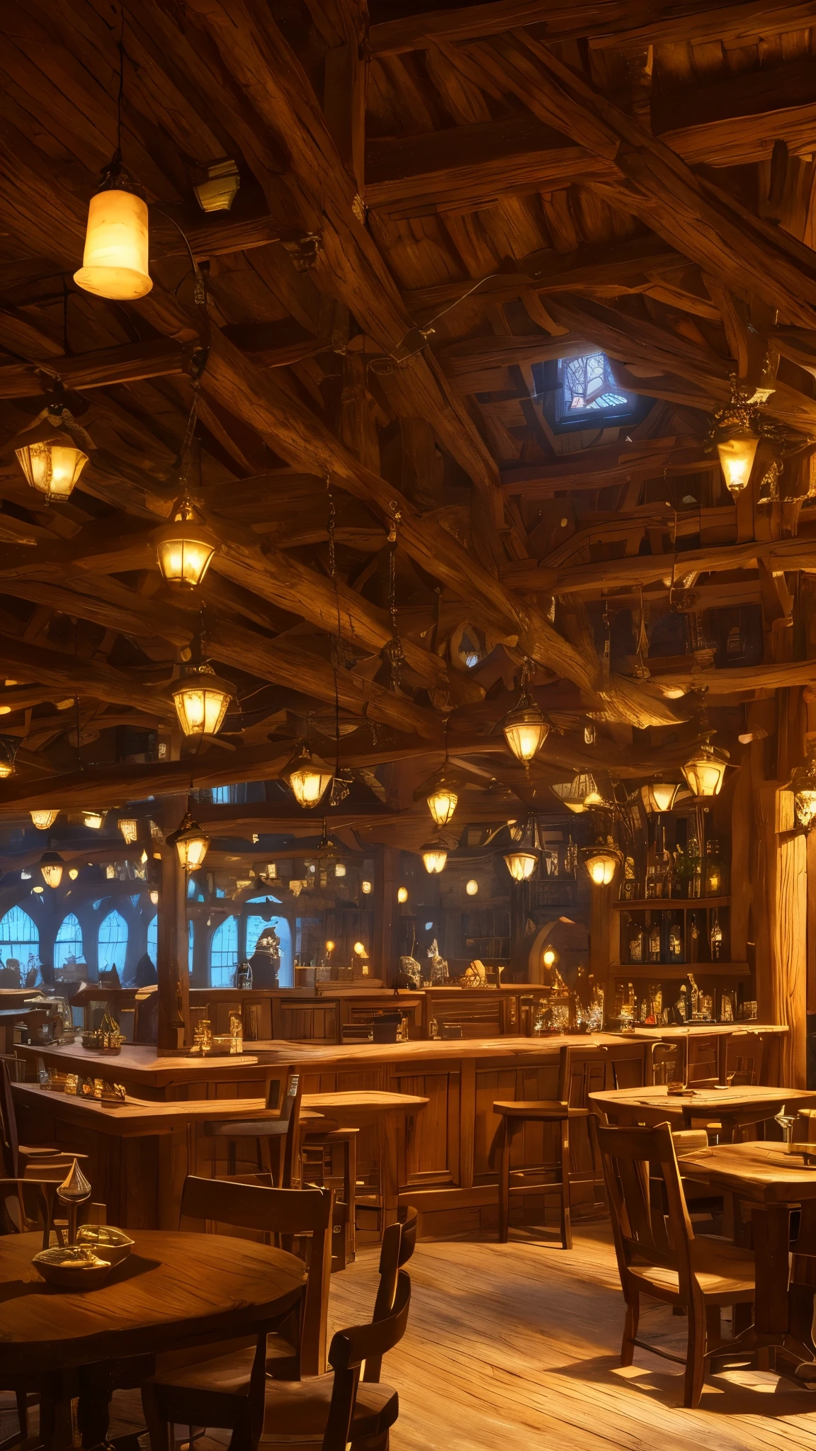 In the heart of a medieval tale, a young ginger woman finds herself inside a lively tavern. The tavern's interior is a mesmerizing display of intricate details, with vibrant colors adorning every nook and cranny. As the intense sunrise light pours through the windows, casting intricate shadows and lighting patterns, the scene becomes a true masterpiece, worthy of awards and recognition. The geometry of the setting is flawless, showcasing the best craftsmanship and attention to detail. The artist, Albert Bierstadt, has masterfully captured the essence of this bustling tavern, with its trend-setting style and global illumination techniques. The scene is alive with self-illuminated elements and hints of bioluminescence, creating a captivating atmosphere that transports the viewer to a world