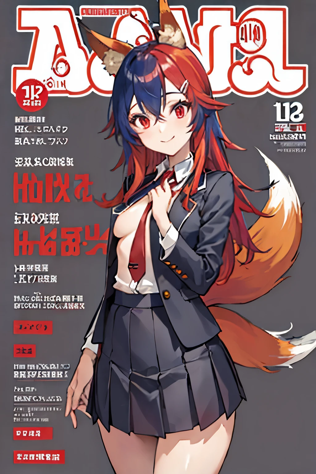 Firefox-Skollie, red eyes, fox girl, multiple tails, multicolored hair, 1girl, hairclip, solo, light smile, small breasts, looking at viewer,
, pleated skirt, necktie, open jacket, magazine cover, simple background,
(masterpiece:1.1), (best quality:1.1), (ultra-detailed:1.1), (illustration:1.1),