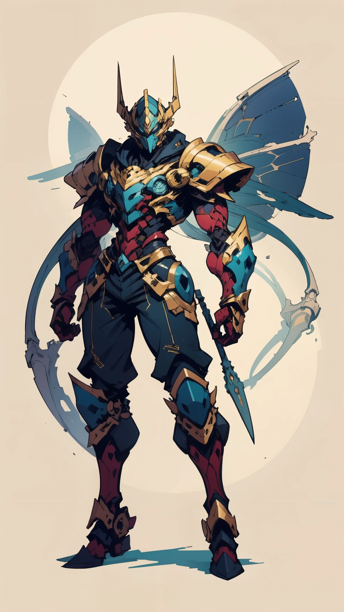 A man with short golden hair slicked back, his face entirely obscured by a Dynastinae concept mask, full mask, cold gaze, clad in an indigo blue fantasy-style Dynastinae concept chest plate, his arms and legs are clad in matching armor, he wears a white undershirt and trousers with golden stripes, standing within a magnificent fantasy-style palace, this character embodies a finely crafted fantasy-style masked light armor warrior in anime style, exquisite and mature manga art style, bio mecha, muscle tissue, high definition, best quality, highres, ultra-detailed, ultra-fine painting, extremely delicate, professional, perfect body proportions, golden ratio, anatomically correct, symmetrical face, extremely detailed eyes and face, high quality eyes, creativity, RAW photo, UHD, 32k, Natural light, cinematic lighting, masterpiece-anatomy-perfect, masterpiece:1.5