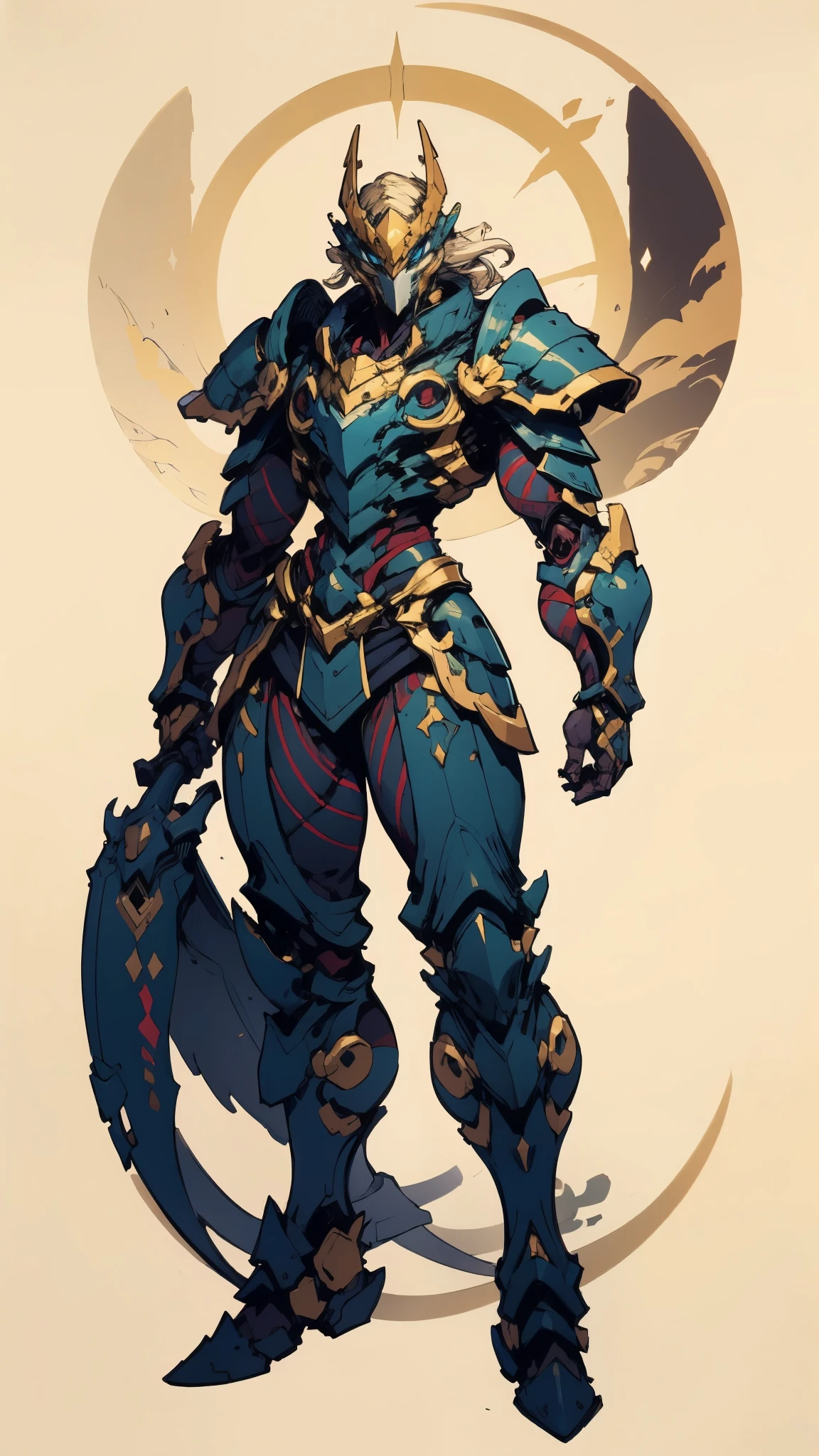 A man with short golden hair slicked back, his face entirely obscured by a Dynastinae concept mask, full mask, cold gaze, clad in an indigo blue fantasy-style Dynastinae concept chest plate, his arms and legs are clad in matching armor, he wears a white undershirt and trousers with golden stripes, standing within a magnificent fantasy-style palace, this character embodies a finely crafted fantasy-style masked light armor warrior in anime style, exquisite and mature manga art style, bio mecha, muscle tissue, high definition, best quality, highres, ultra-detailed, ultra-fine painting, extremely delicate, professional, perfect body proportions, golden ratio, anatomically correct, symmetrical face, extremely detailed eyes and face, high quality eyes, creativity, RAW photo, UHD, 32k, Natural light, cinematic lighting, masterpiece-anatomy-perfect, masterpiece:1.5