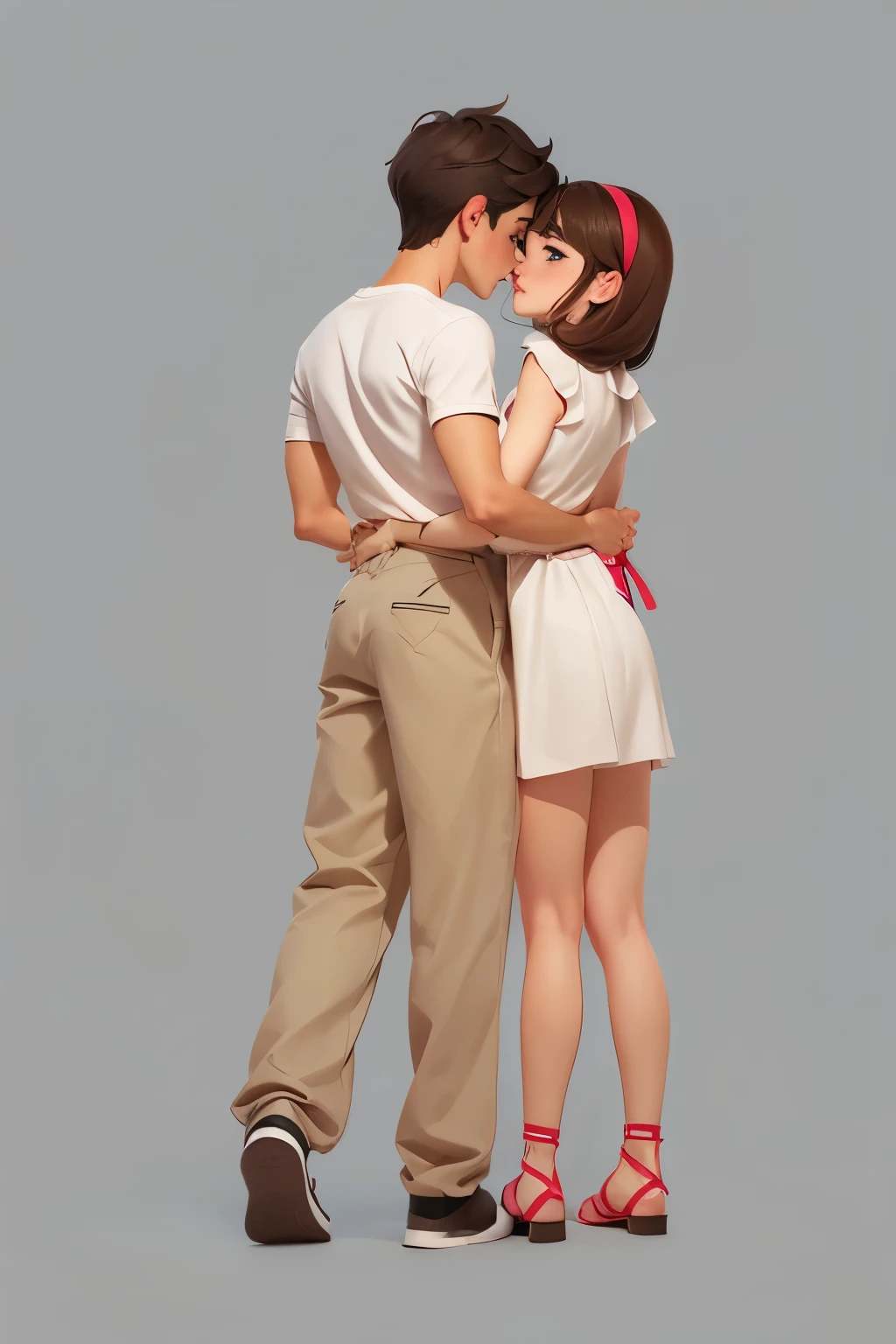 Anime couple kissing in front of gray background,  Female with green eyes，couple pose, full body picture, Produced by Anime Painter Studio, intertwined full body view, Detailed full body portrait, full body realistic portrait, HD，Rich details，right hand，Man puts his arm around woman&#39;s waist，Put your arms around your waist，HD