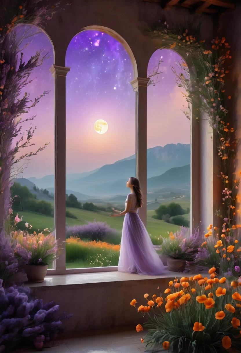 Windows in Roman architectural style，Girl standing by the window，The scenery outside the window，Looking out from the window，vast landscape photos, (A view of the sky and the wilderness below),  Standing in the flower field and looking up, (full moon: 1.2), (meteor: 0.9), (nebula: 1.3), distant mountains, The art of tree folding, (Warm light source: 1.2), (firefly: 1.2), lamp, purple and orange, intricate details, Volumetric lightingBREAK (masterpiece: 1.2), (best quality ), 4K, Super detailed, (Dynamic configuration: 1.4), Highly detailed and colorful details (iridescent: 1.2), (sparkling lights, mood lighting), fantastic, magic, (alone: 1.2)