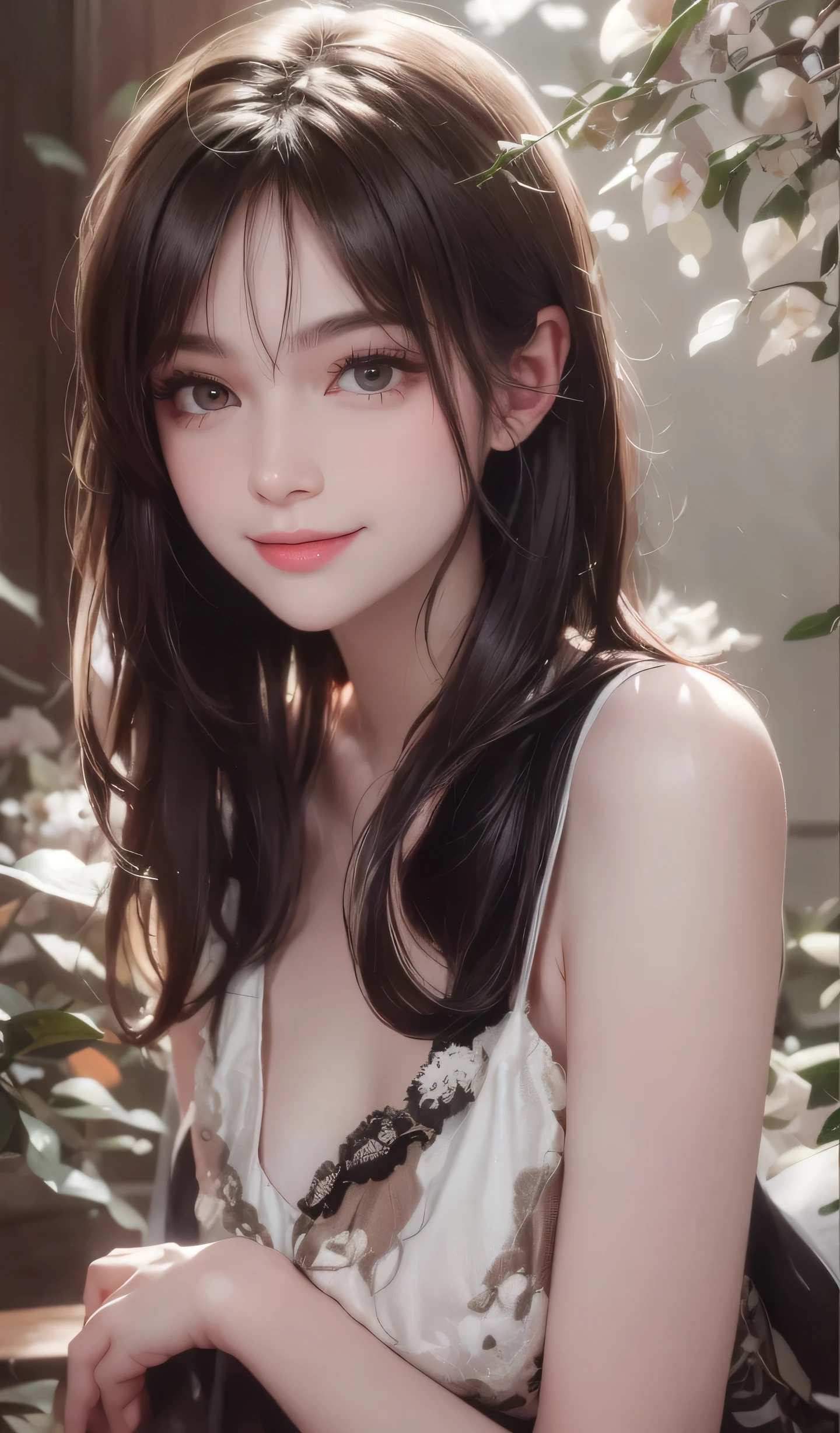 short hair、brown hair、woman posing for a photo, smile, Happy, long hair, straight hair, delicate skin, during the day, hot summer day, natural lighting, detailed face:1.2, sharp focus, Hasselblad Photos, masterpiece, light makeup, cinematic lighting, 4k, highest quality