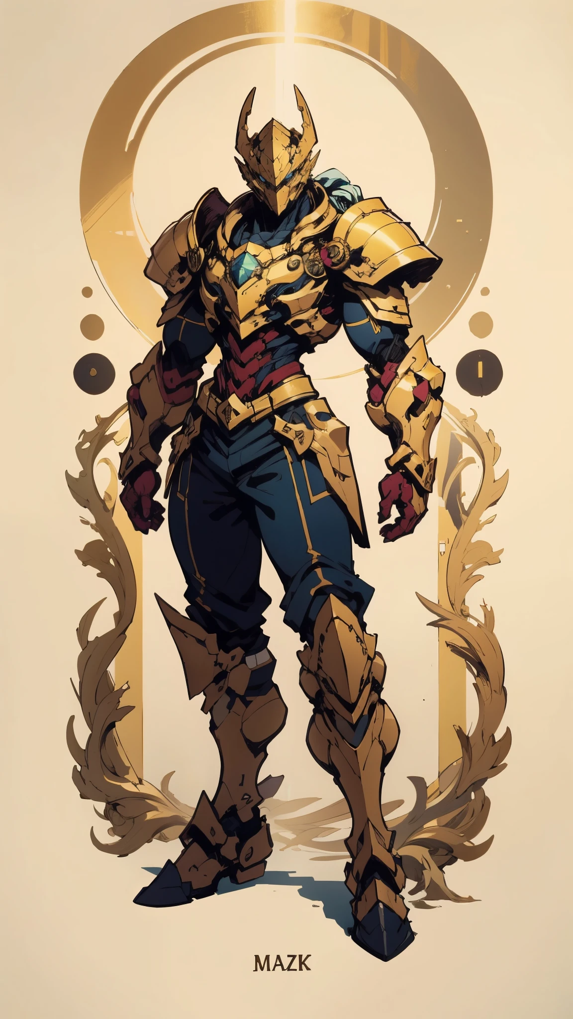 A man with short golden hair slicked back, his face entirely obscured by a Dynastinae concept mask, full mask, cold gaze, clad in an indigo blue fantasy-style Dynastinae concept chest plate, his arms and legs are clad in matching armor, he wears a white undershirt and trousers with golden stripes, standing within a magnificent fantasy-style palace, this character embodies a finely crafted fantasy-style masked light armor warrior in anime style, exquisite and mature manga art style, bio mecha, muscle tissue, high definition, best quality, highres, ultra-detailed, ultra-fine painting, extremely delicate, professional, perfect body proportions, golden ratio, anatomically correct, symmetrical face, extremely detailed eyes and face, high quality eyes, creativity, RAW photo, UHD, 32k, Natural light, cinematic lighting, masterpiece-anatomy-perfect, masterpiece:1.5