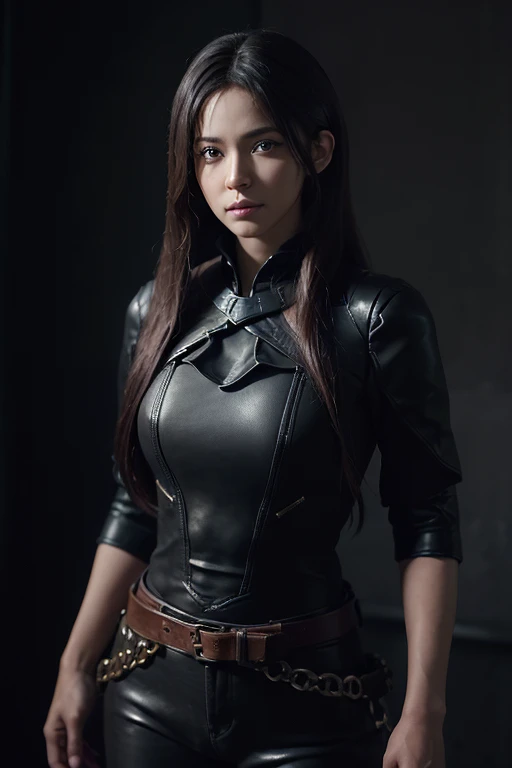 (front focus), (in the dark:1.6), Hyperrealist portrait of a black female in her late 30s, fantasy art, photo realistic, dynamic lighting, artstation, poster, volumetric lighting, very detailed faces, 4 k, award winning, 1girl, in the dark, deep shadow, low key, cowboy shot, (official clothing:1.4), long hair, white hair