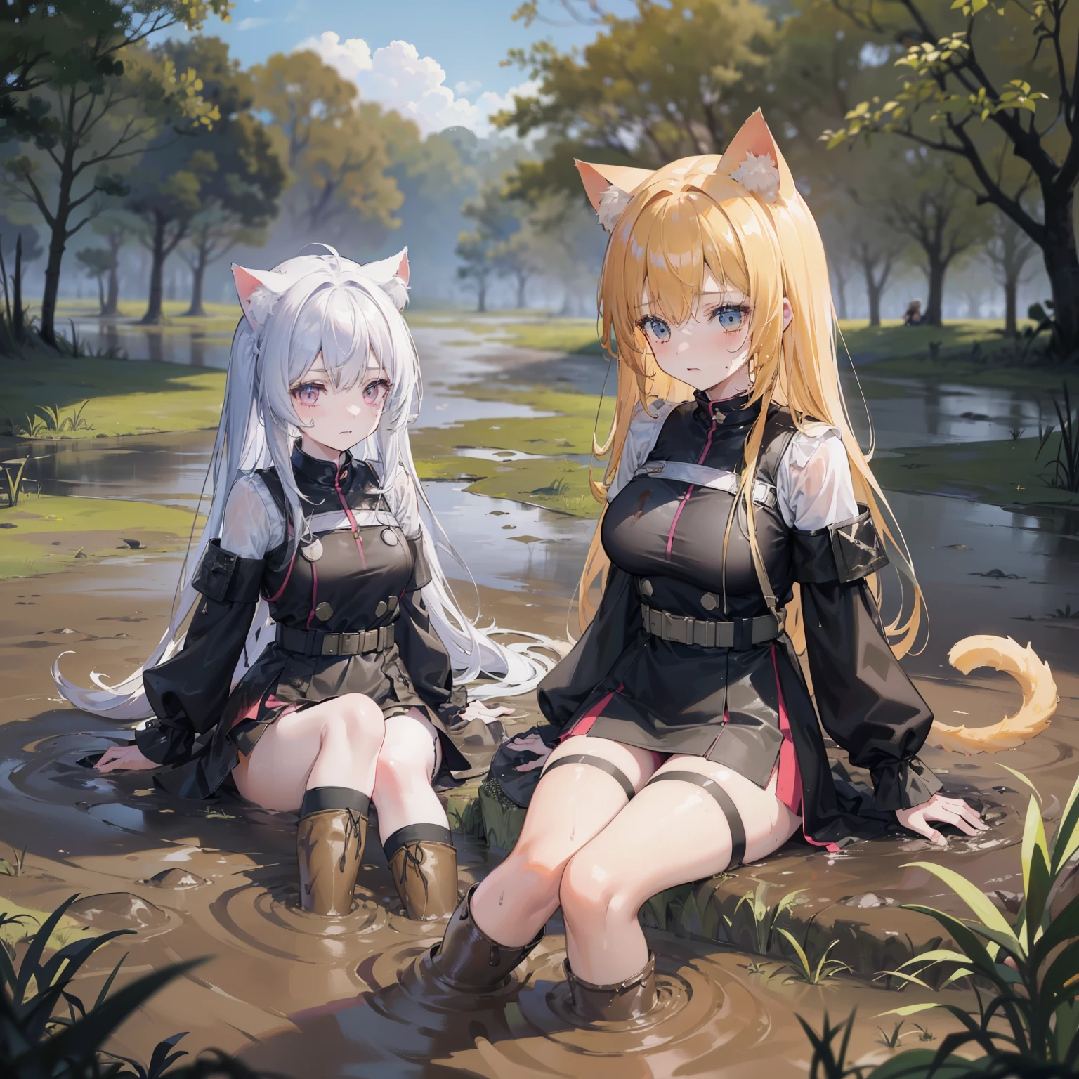 （best quality)，（detailed), (two girls），Struggling in the muddy swamp, Legs stuck in the mud, Covered with mud, With an expression of despair，A cat&#39;s tail，Cat ears on top of head，black boots，Double tail，medium breasts，Jie Kang ，combat uniform