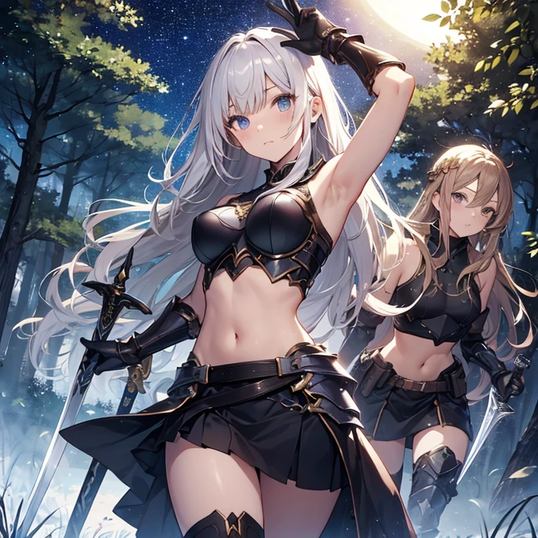 A group of young female knight, (in forest), various hair styles, harem, wearing armored clothes, metal armor, night, details face, , short skirt, seducing, sword, sleeveless , showing armpits, midriff, night, starry night 