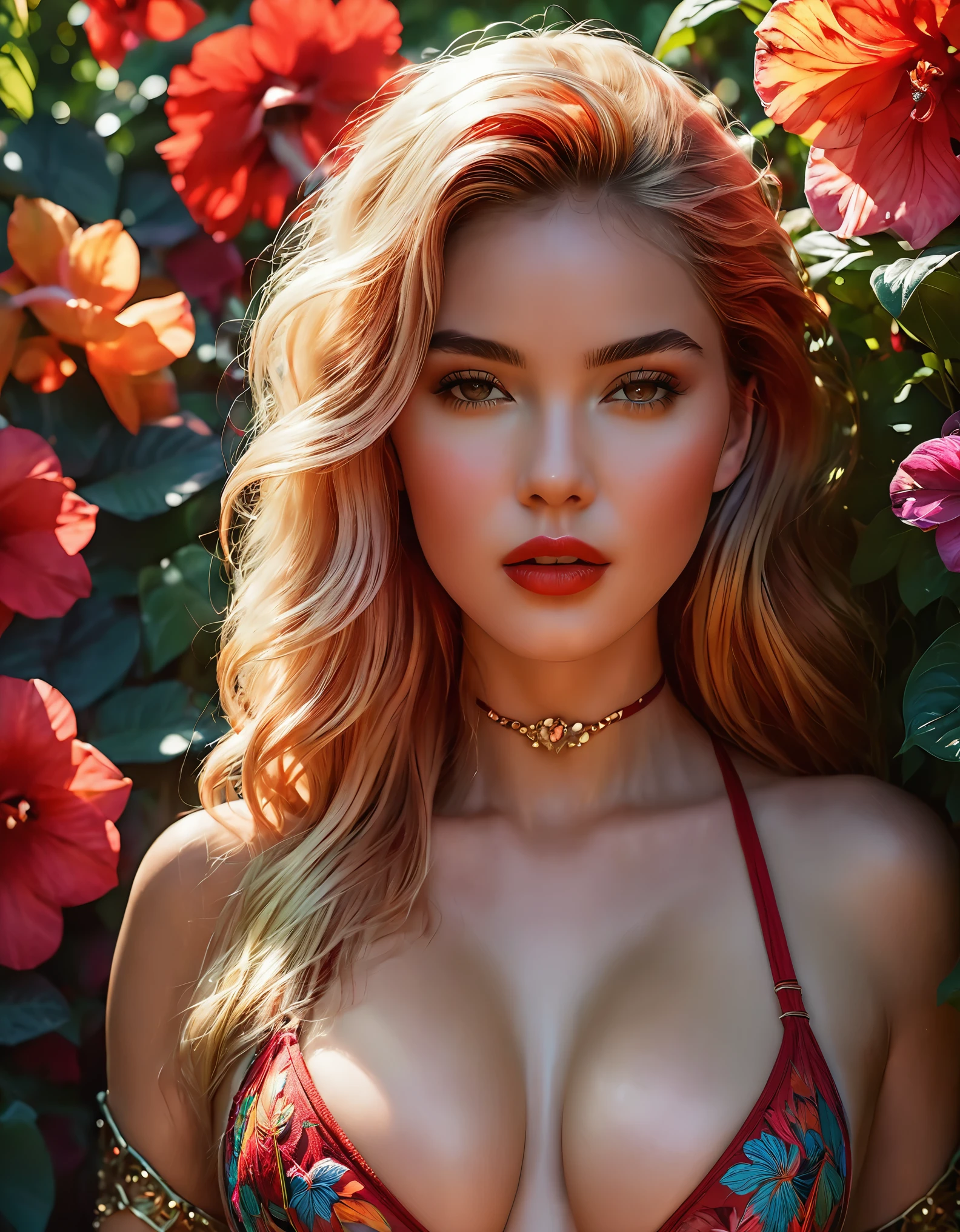 In this captivating scene, a vivacious girl, (detail skin texture, large pores), with vibrant, colorful hair stands amidst a lush garden teeming with exotic blooms. Her sexy outfit accentuates her thin, hourglass-shaped body and ample breasts, drawing the eye with its tantalizing allure. With eyes that sparkle in the sunlight and lips painted a bold red, she exudes irresistible charm and sensuality. The garden, meticulously rendered with hyper-realistic detail, showcases the intricate textures of petals and leaves, while vibrant colors add a touch of surrealism. Captured in stunning 8K resolution, every nuance is visible, from the strands of her hair to the lines on her face. Inspired by Russ Meyer's iconic films, the scene blends retro and modern elements, with color grading that heightens excitement and sensuality. Soft lighting bathes her face in a warm glow, adding depth and dimension to the image. This (hyper-realistic:1.5) (masterpiece:1.5) promises an awe-inspiring visual experience, combining the finest materials and techniques to ignite the senses.