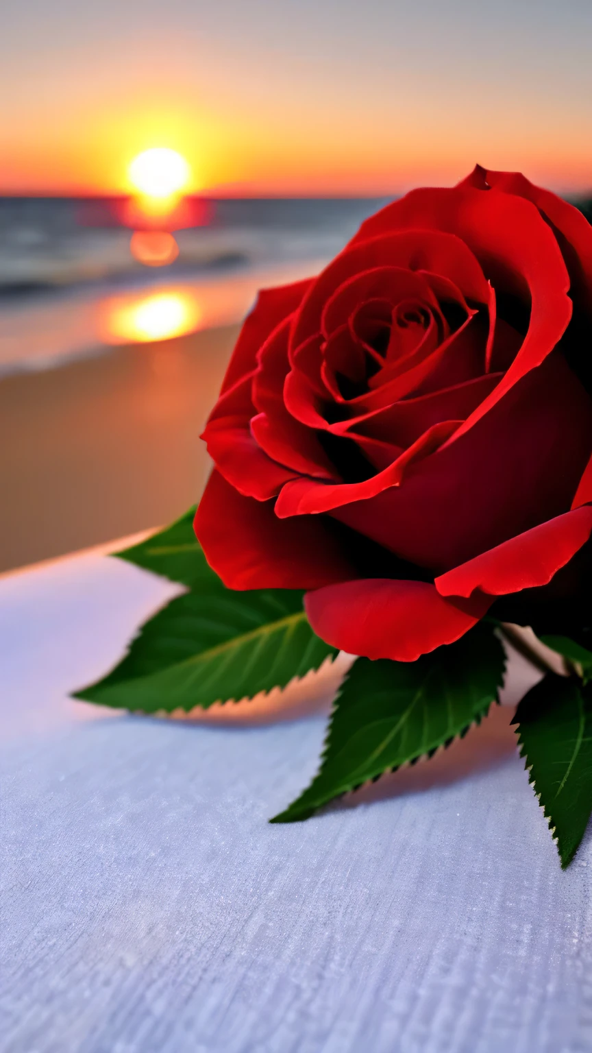 close up shot, Roses, The background is a wonderful sunset at the seaside, authentic texture, warm