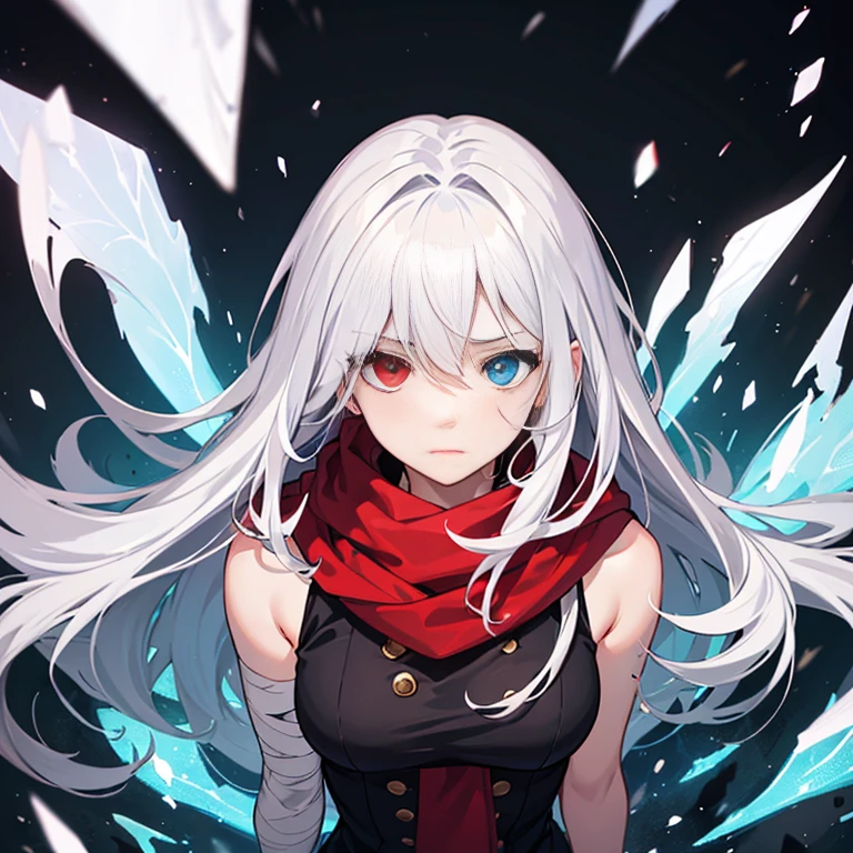 an adult female human. anime style. She has long, straight hair. Her bangs fall, covering her eyes, and her hair is white. She has sad eyes, she has heterochromia, one of her eyes is red and the other is silver. She has a cold and sad expression. She dresses in black rags and bandages, and has a red scarf. she looks at the viewer from a lower angle with coldness, sadness, but with an arrogance of indifference.