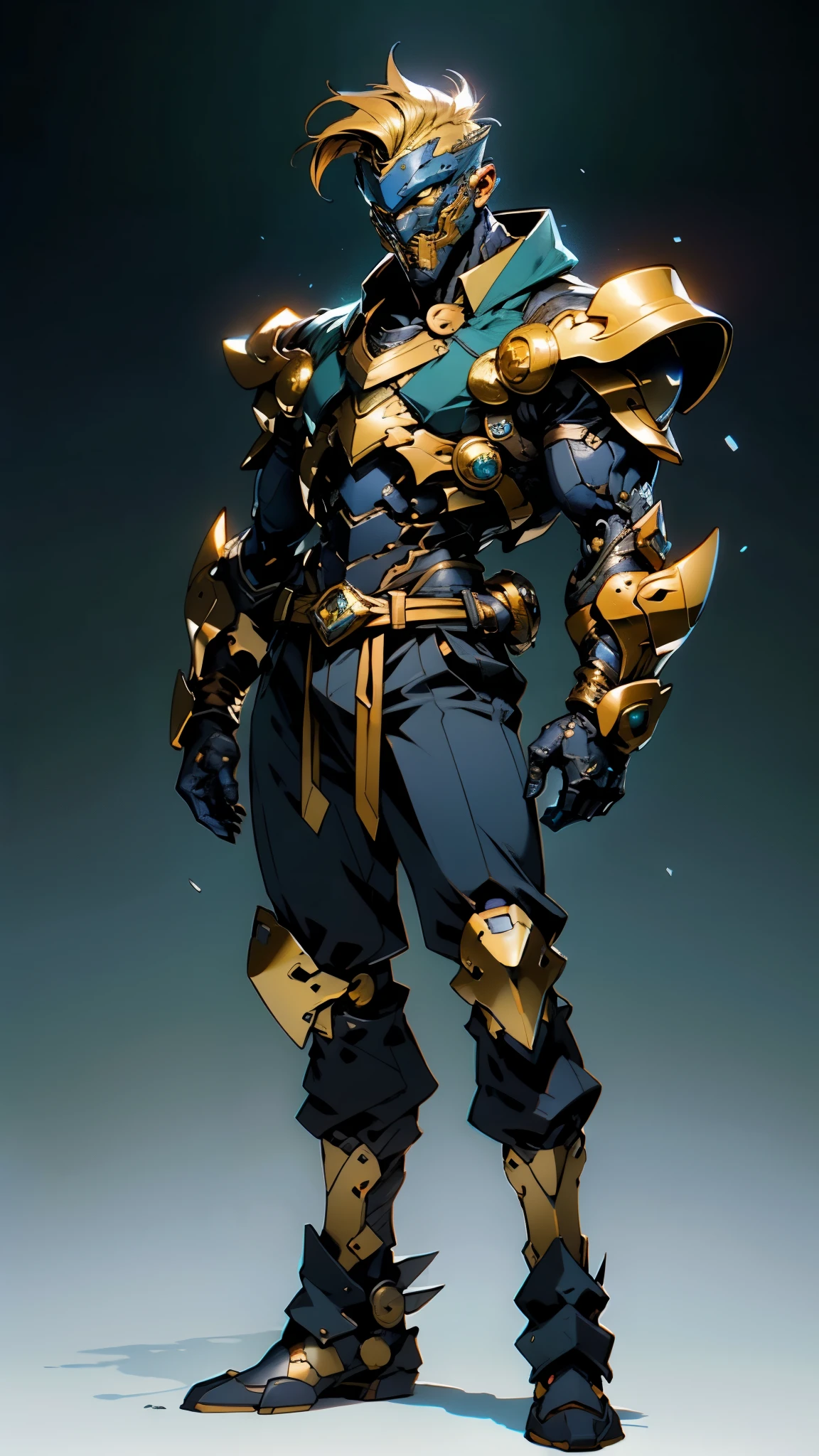 A man with short golden hair slicked back, his face entirely obscured by a Dynastinae concept mask, full mask, cold gaze, clad in an indigo blue fantasy-style Dynastinae concept chest plate, his arms and legs are clad in matching armor, he wears a white undershirt and trousers with golden stripes, standing within a magnificent fantasy-style palace, this character embodies a finely crafted fantasy-style masked light armor warrior in anime style, exquisite and mature manga art style, high definition, best quality, highres, ultra-detailed, ultra-fine painting, extremely delicate, professional, perfect body proportions, golden ratio, anatomically correct, symmetrical face, extremely detailed eyes and face, high quality eyes, creativity, RAW photo, UHD, 32k, Natural light, cinematic lighting, masterpiece-anatomy-perfect, masterpiece:1.5