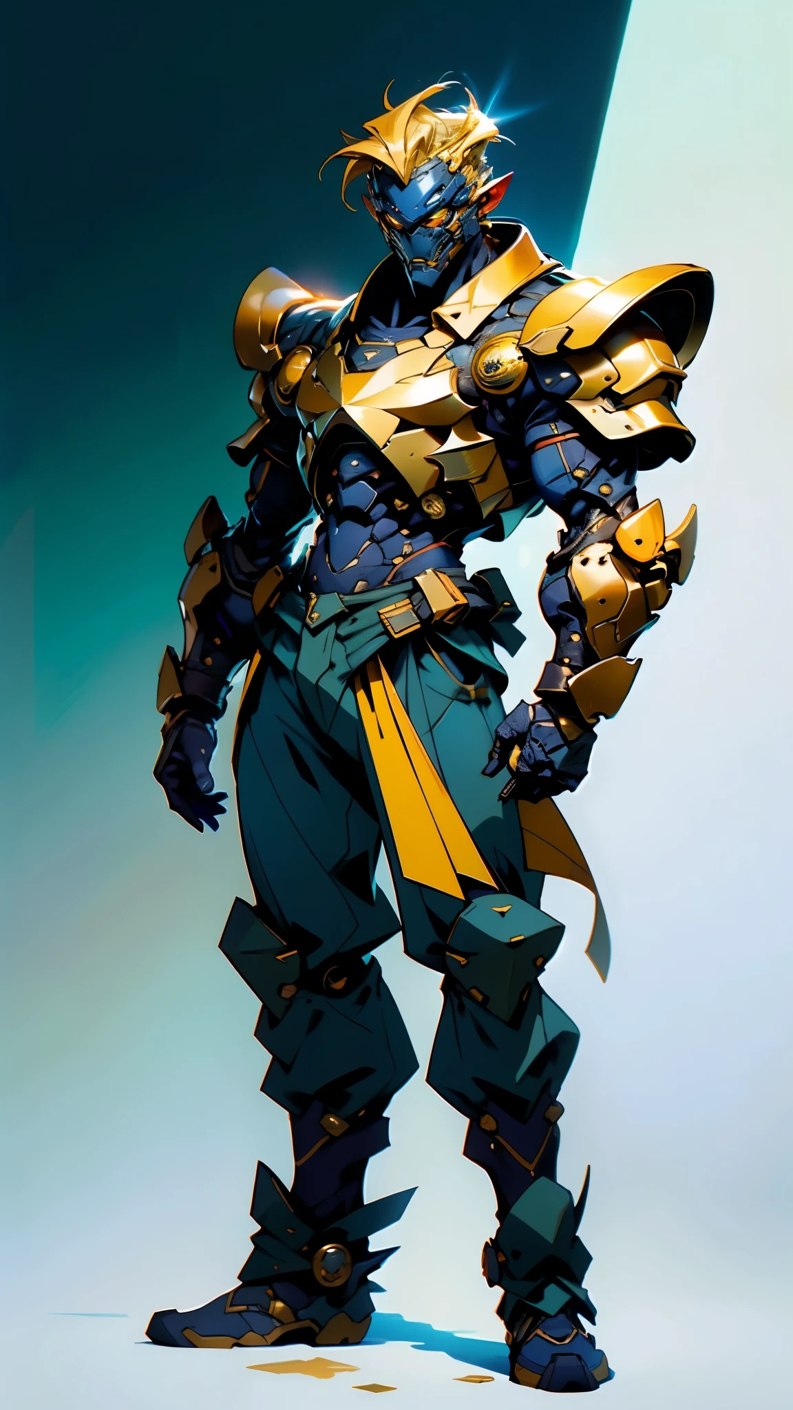 A man with short golden hair slicked back, his face entirely obscured by a Dynastinae concept mask, full mask, cold gaze, clad in an indigo blue fantasy-style Dynastinae concept chest plate, his arms and legs are clad in matching armor, he wears a white undershirt and trousers with golden stripes, standing within a magnificent fantasy-style palace, this character embodies a finely crafted fantasy-style masked light armor warrior in anime style, exquisite and mature manga art style, high definition, best quality, highres, ultra-detailed, ultra-fine painting, extremely delicate, professional, perfect body proportions, golden ratio, anatomically correct, symmetrical face, extremely detailed eyes and face, high quality eyes, creativity, RAW photo, UHD, 32k, Natural light, cinematic lighting, masterpiece-anatomy-perfect, masterpiece:1.5