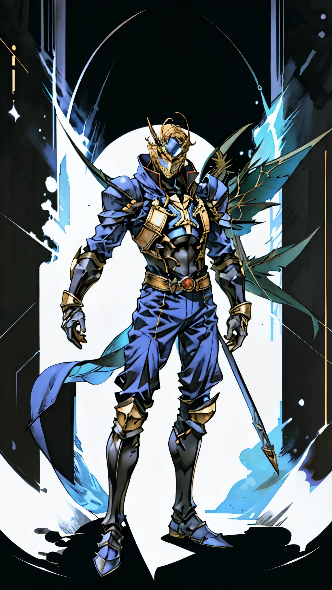 A man with short golden hair slicked back, his face entirely obscured by a Dynastinae concept mask, full mask, cold gaze, clad in an indigo blue fantasy-style Dynastinae concept chest plate, his arms and legs are clad in matching armor, he wears a white undershirt and trousers with golden stripes, standing within a magnificent fantasy-style palace, this character embodies a finely crafted fantasy-style masked light armor warrior in anime style, exquisite and mature manga art style, high definition, best quality, highres, ultra-detailed, ultra-fine painting, extremely delicate, professional, perfect body proportions, golden ratio, anatomically correct, symmetrical face, extremely detailed eyes and face, high quality eyes, creativity, RAW photo, UHD, 32k, Natural light, cinematic lighting, masterpiece-anatomy-perfect, masterpiece:1.5