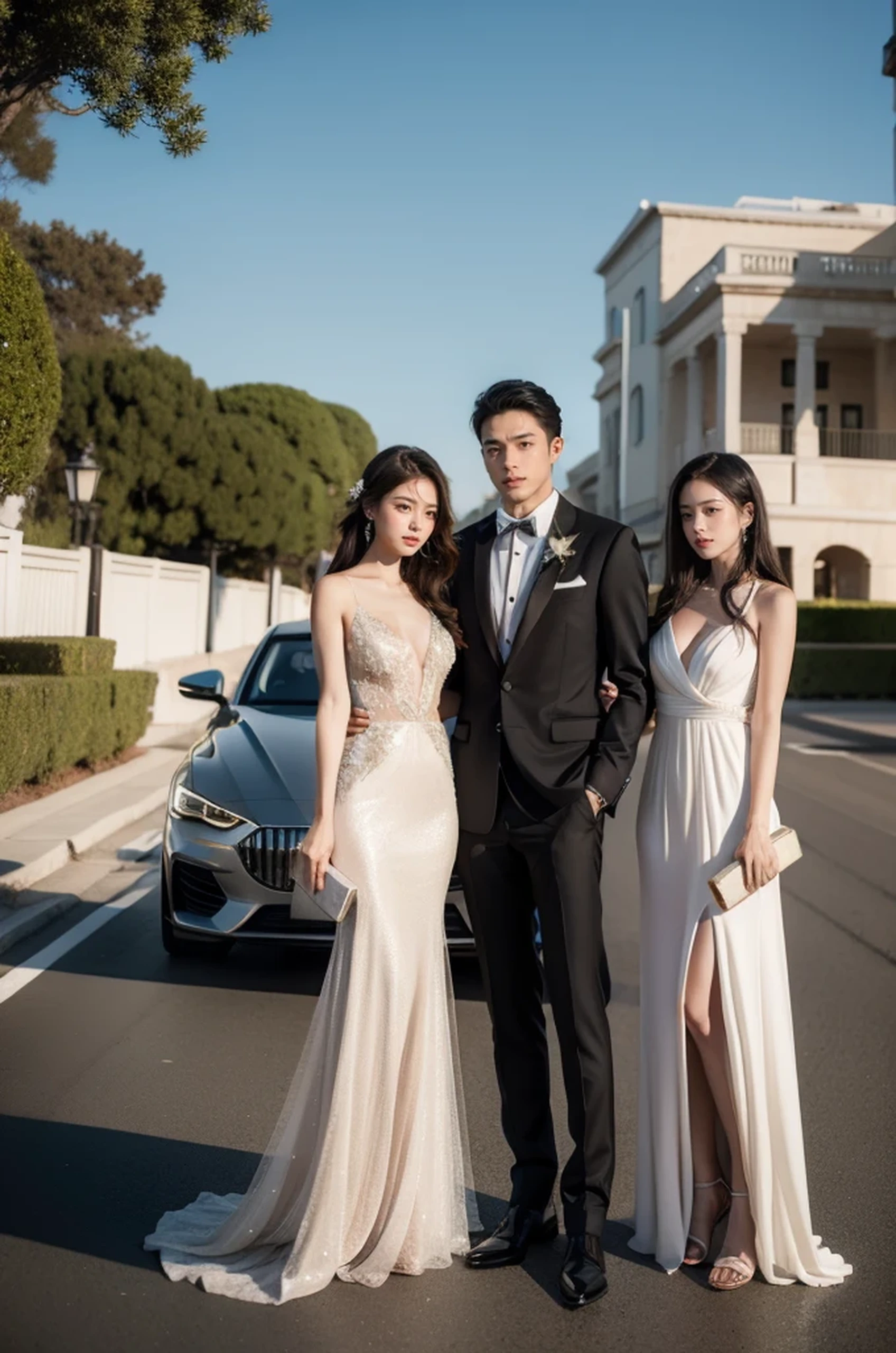 arafed couple and two women standing in front of a car, formal attire, wearing a formal dress, luxury lifestyle, wearing an evening gown, high - end fashion photoshoot, formal wear, wearing fantasy formal clothing, luxury dress, wearing an elegant dress, luxurious wedding, & jeehyung lee & wlop, elegant evening gowns!, environmental shot, evening formal robes