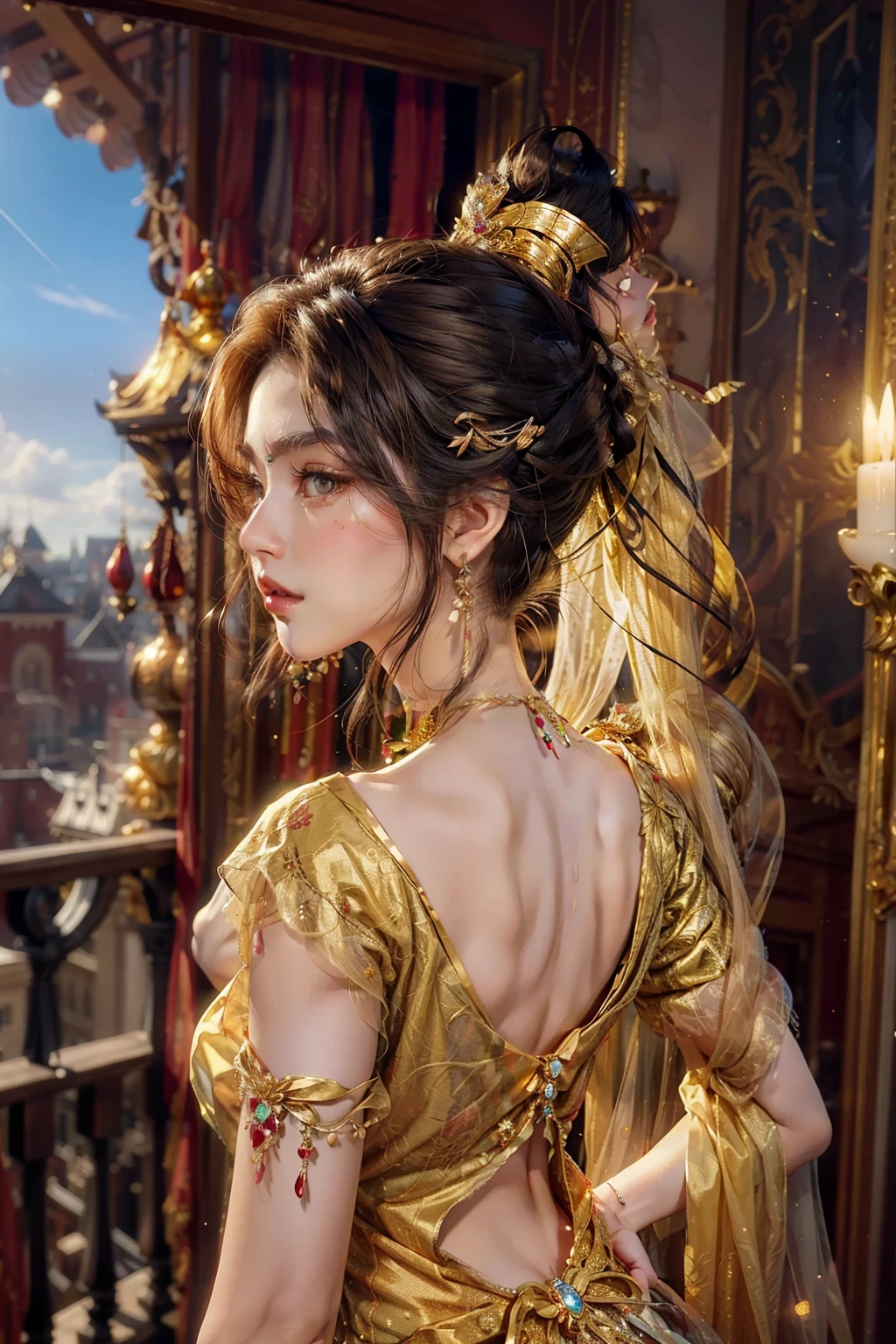 ((best quality)), ((masterpiece)), (detailed), perfect face, pretty face, beautiful female, beautiful body, ager female, expensive dress, gold dress, party dress, royal dress, golden crown, ruby gems neackle, golden accessories, royal mistress, angle from behind, ponytail, straight hair, royal hair tie, perfect body, blushing, on the balcony of the imperial castle, ultra detailed background