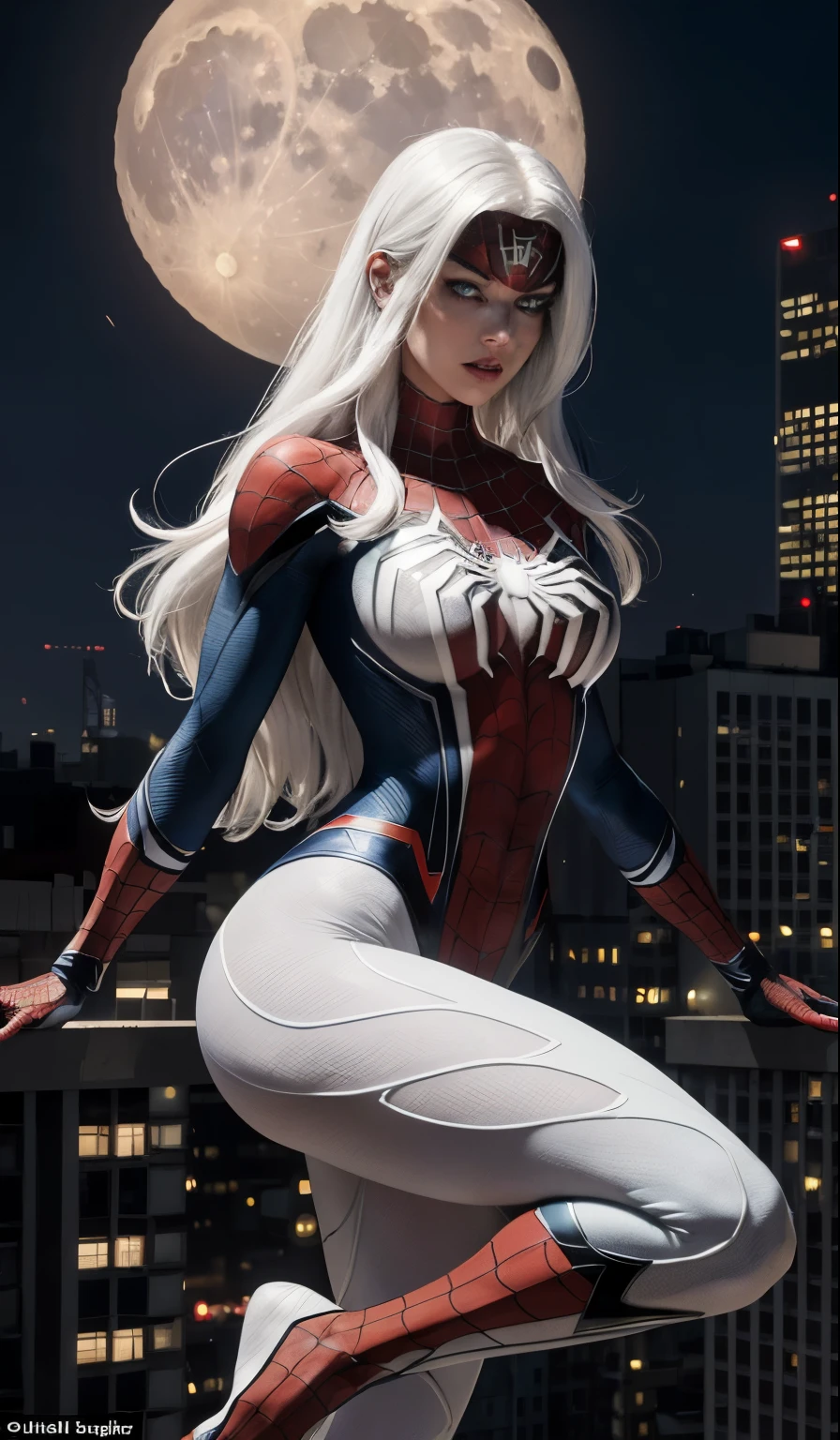 (Masterpiece, 4k resolution, ultra-realistic, very detailed), (White superhero theme, charismatic, there's a girl on top of town, wearing Spider-Man costume, she's a superhero), [ ((25 years), (long white hair:1.2), full body, (blue eyes:1.2), ((Spider-Man pose),show of strength, jumping from one building to another), ((sandy urban environment):0.8)| (cityscape, at night, dynamic lights), (full moon))] # Explanation: The Prompt mainly describes a 4K painting of ultra-high definition, very realistic, very detailed. It shows a superheroine at the top of the city, wearing a Spider-Man costume. The theme in the painting is a white superhero theme, the female protagonist has long white hair, is 25 years old and her entire body is shown in the painting. In terms of portraying the actions of superheroines, spiders are employed