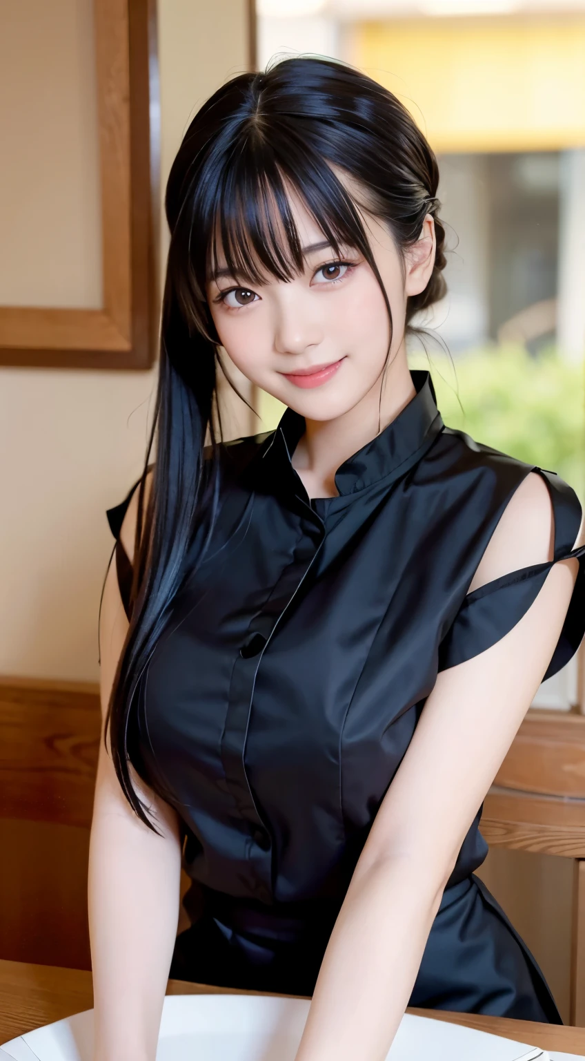 (Highest quality,masterpiece:1.3,Ultra-high resolution,),(Very detailed,Caustics),(Realistic:1.4,RAW shooting,)Ultra-Realistic Capture,Very detailed,High resolution 16K human skin closeup。 Natural skin texture、,pores、、、、It must be detailed enough to be easily identifiable。 Skin tone is even and healthy looking。 Use natural light and color,restaurant,Waitress Uniform,1 person,Japanese,18-year-old,cute,Black-haired,ponytail,Big Breasts,smile,Turn your body forward,(Front view:1.1),Looking into the camera,Cowboy Shot,