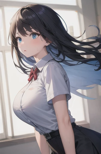 disorganized, High resolution, highest quality, girl, blue eyes, Wind, Wind lift, black hair, long hair, indoors, Sweat, big breasts, uniform, floating hair, dull bangs,upward glance